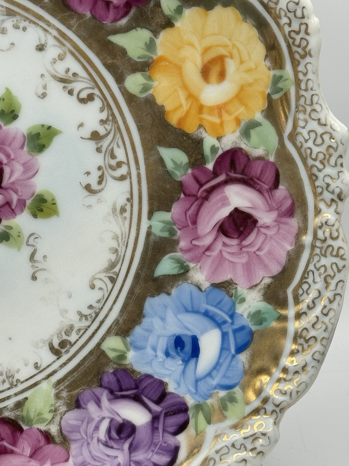 Large Vintage Floral Gold Porcelain Platter Ca. 12.25”d ESTATE FIND