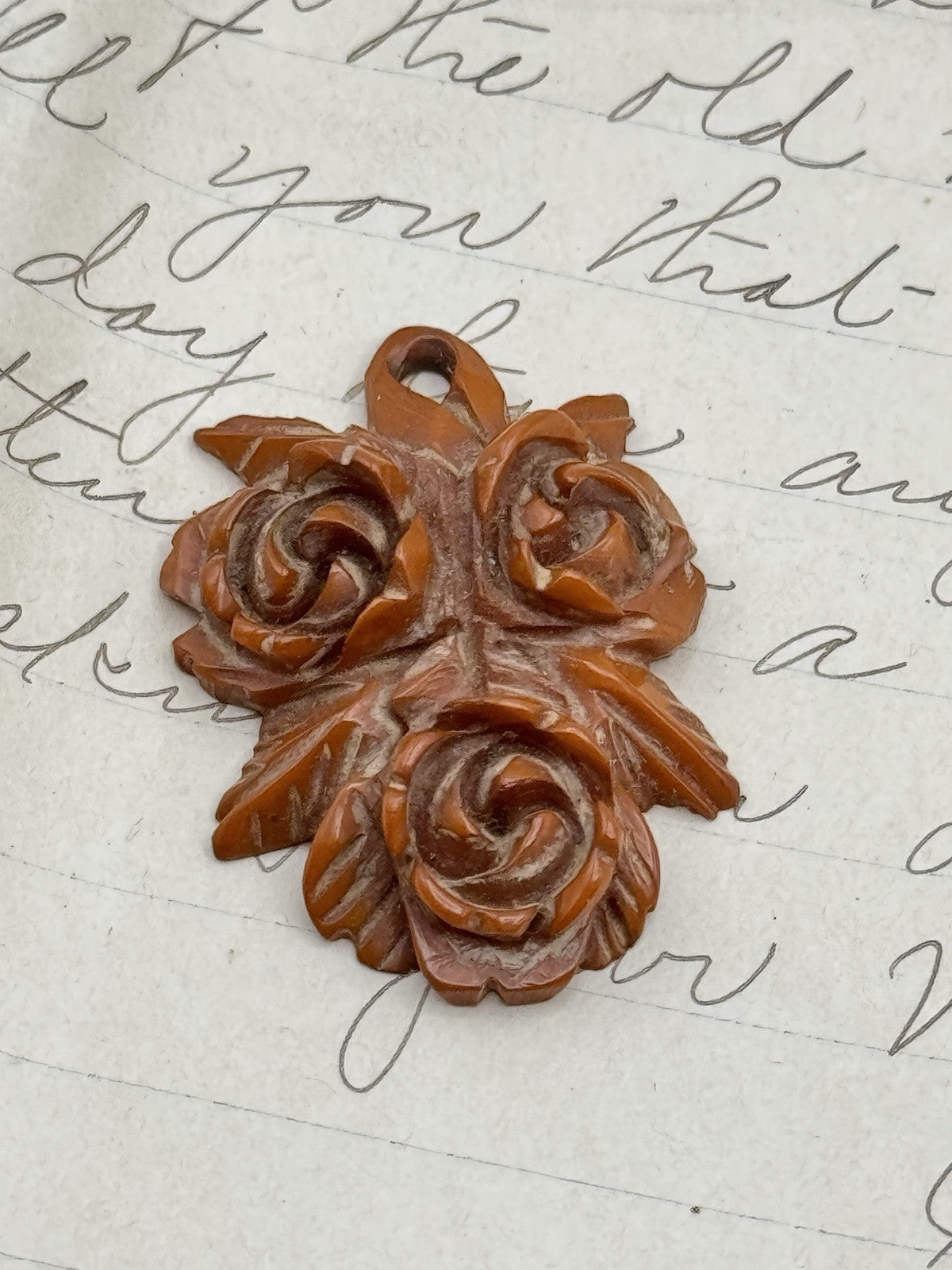 Vintage Carved Bakelite Rose Pendant Nut Brown Color ESTATE FIND