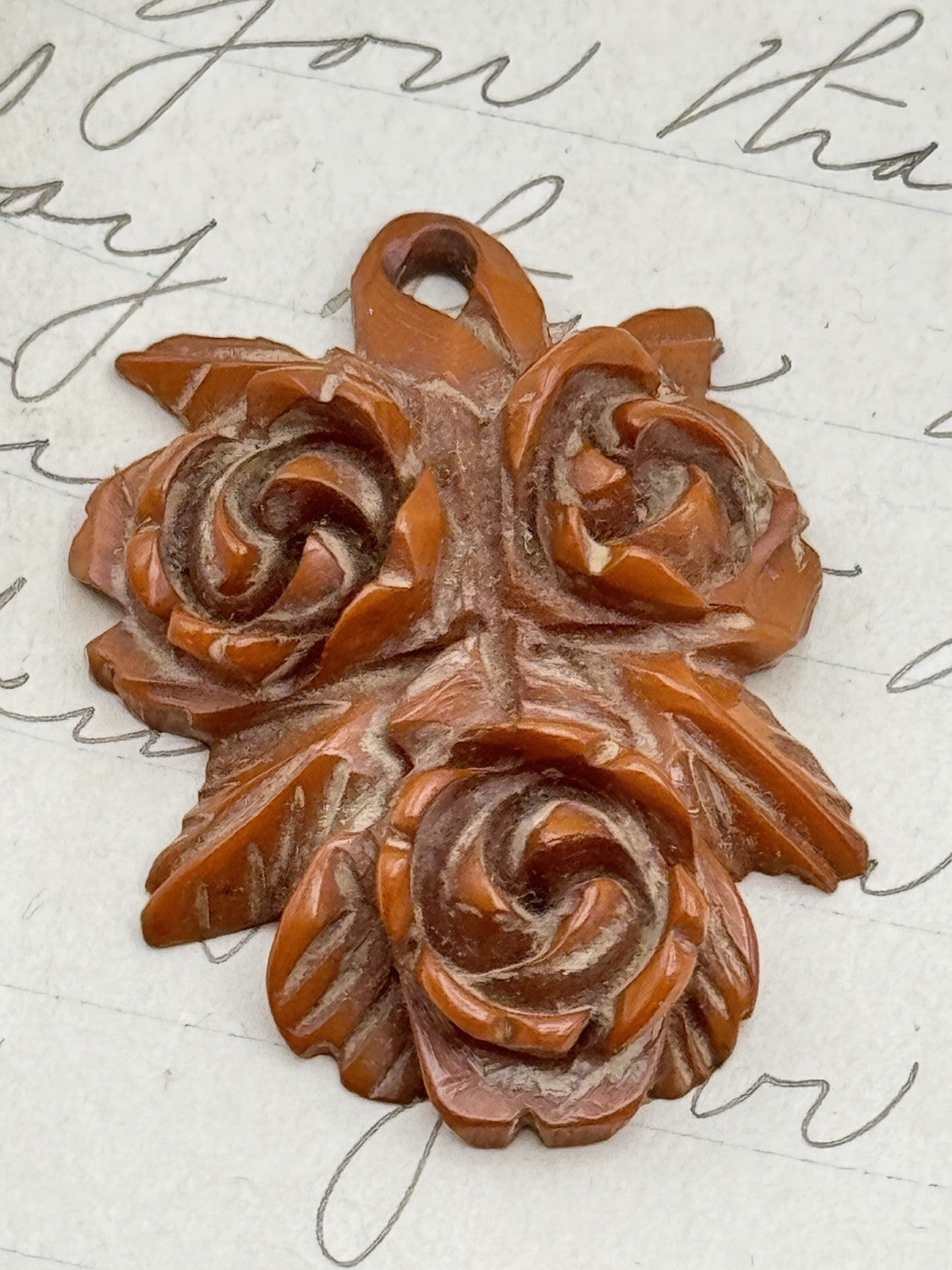 Vintage Carved Bakelite Rose Pendant Nut Brown Color ESTATE FIND