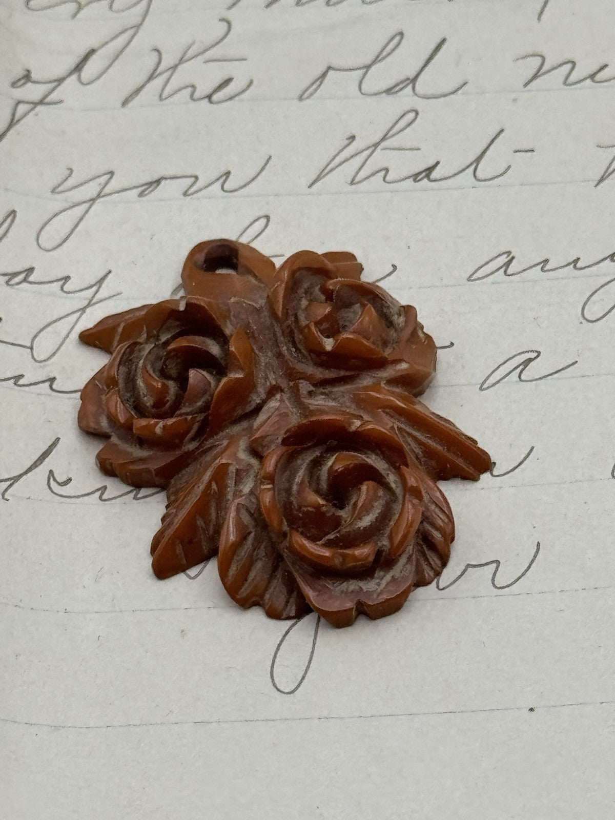 Vintage Carved Bakelite Rose Pendant Nut Brown Color ESTATE FIND