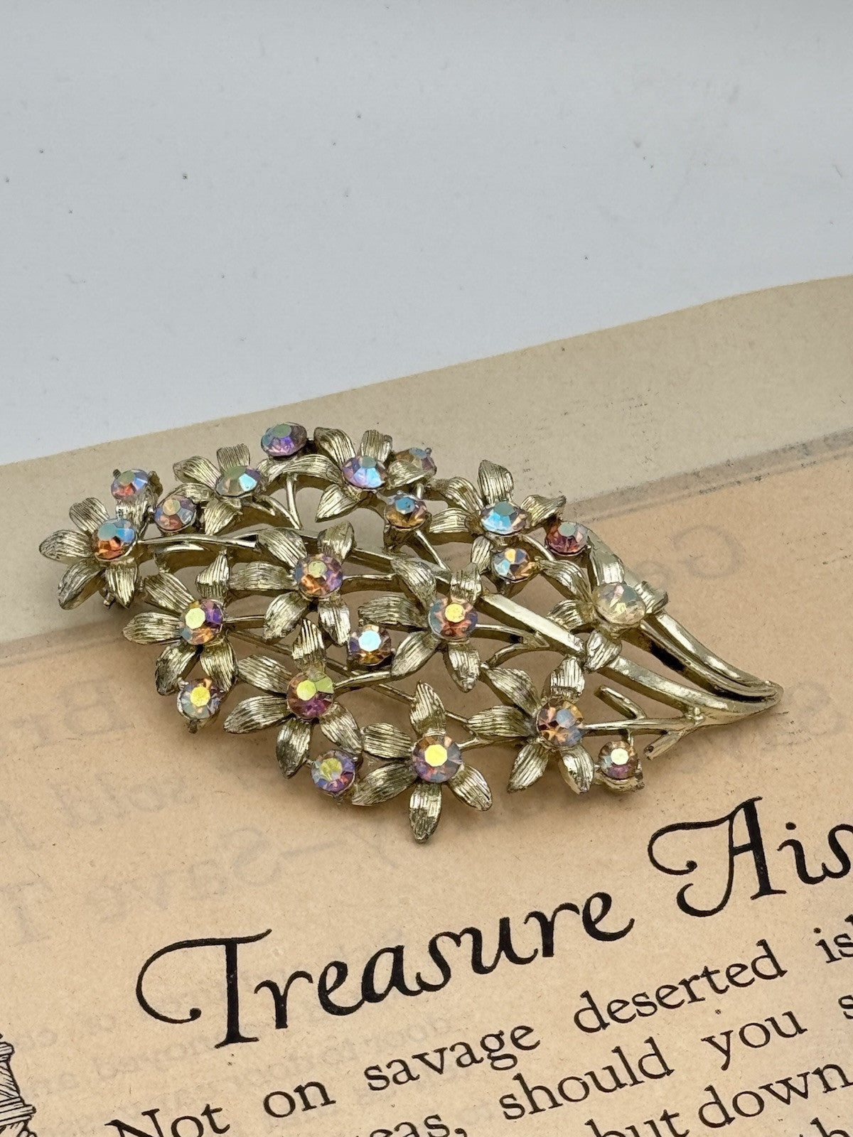 Vintage Flower Bouquet Textured Brooch Aurora Borealis Rhinestones 3”l