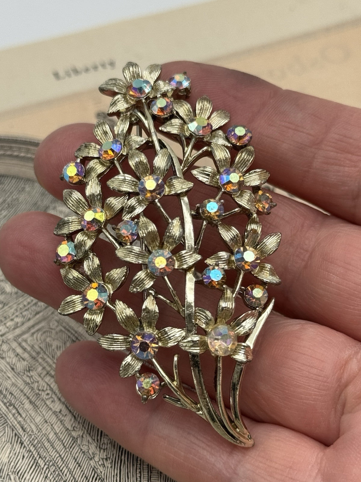 Vintage Flower Bouquet Textured Brooch Aurora Borealis Rhinestones 3”l