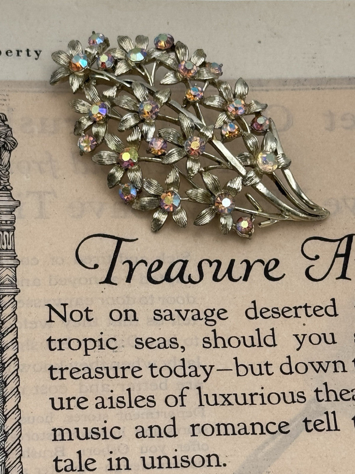 Vintage Flower Bouquet Textured Brooch Aurora Borealis Rhinestones 3”l