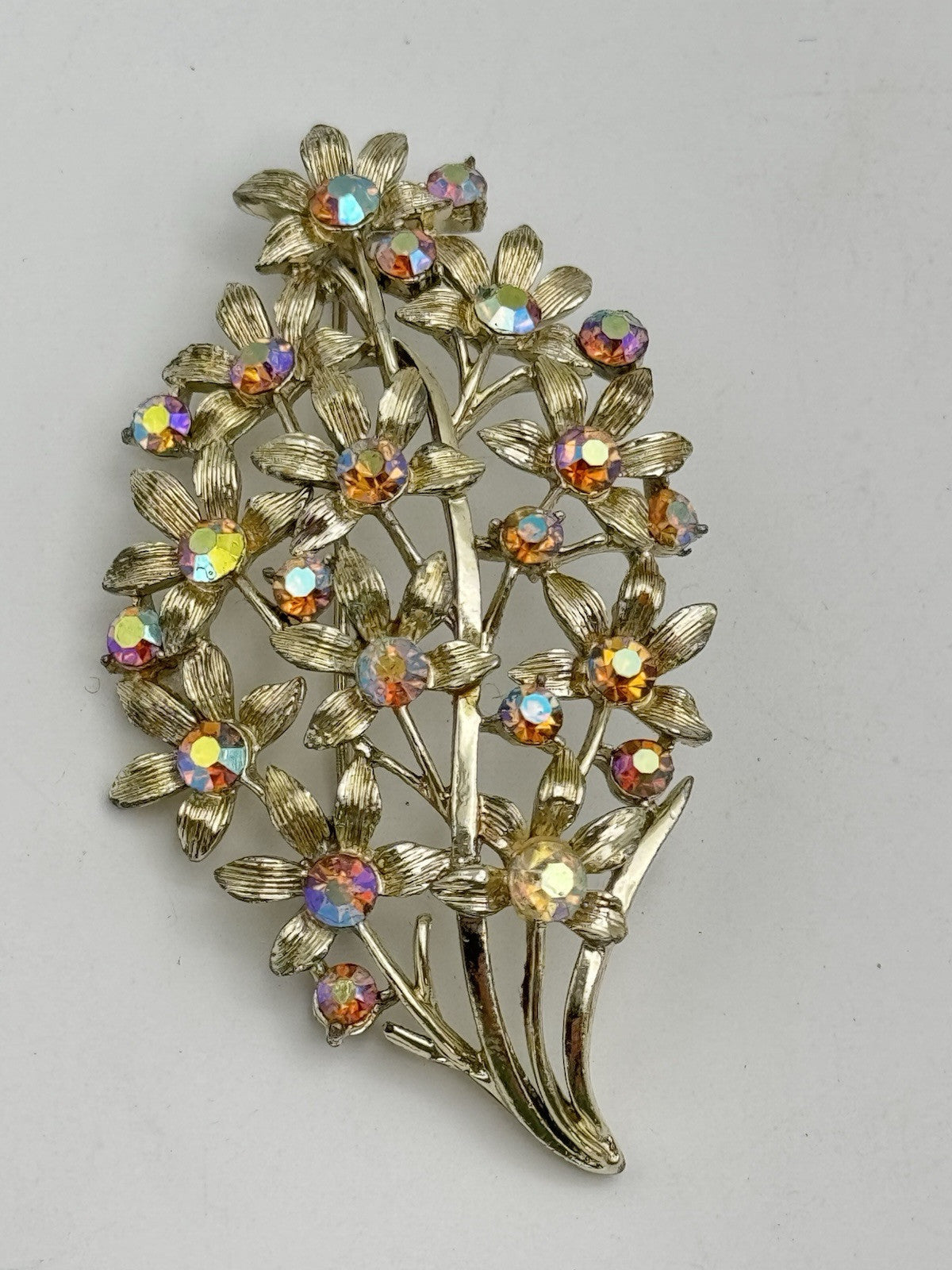Vintage Flower Bouquet Textured Brooch Aurora Borealis Rhinestones 3”l