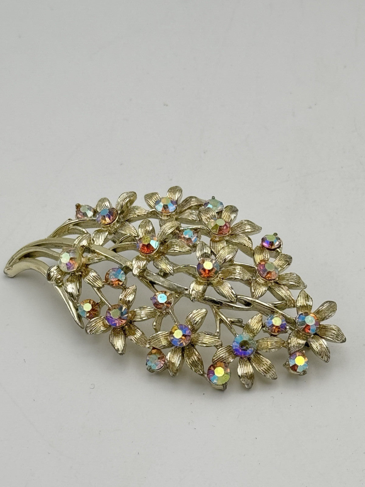 Vintage Flower Bouquet Textured Brooch Aurora Borealis Rhinestones 3”l