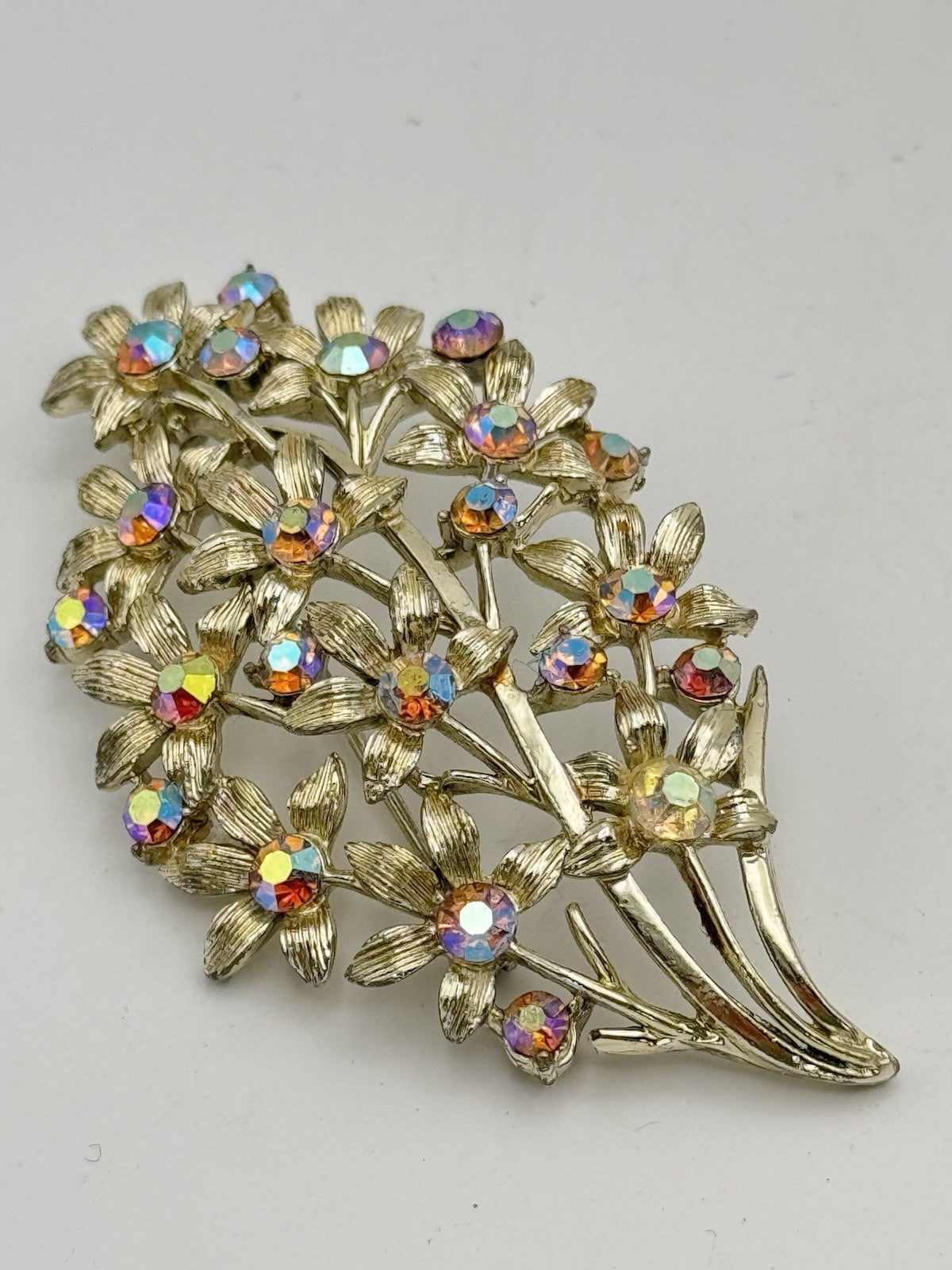 Vintage Flower Bouquet Textured Brooch Aurora Borealis Rhinestones 3”l