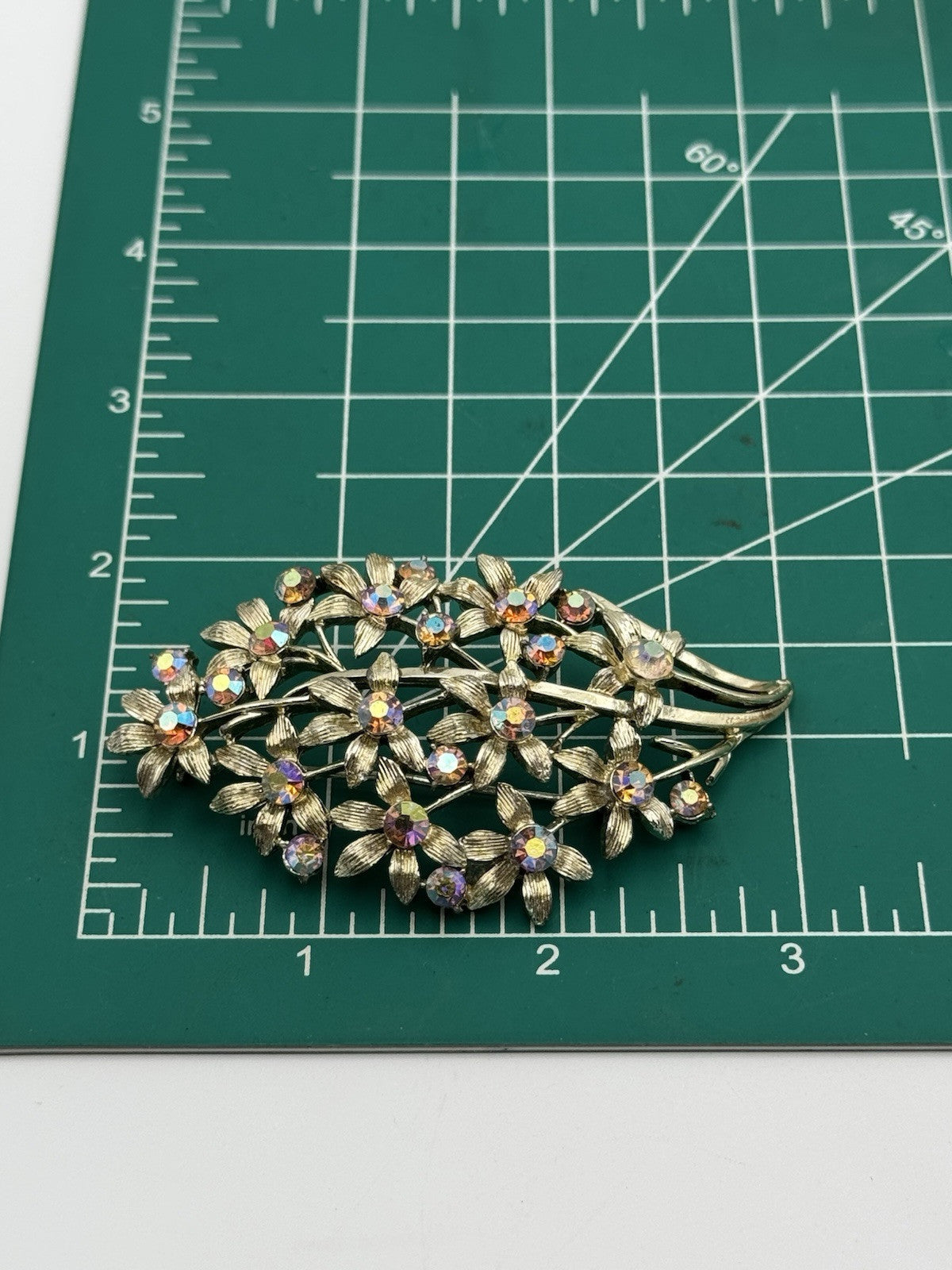 Vintage Flower Bouquet Textured Brooch Aurora Borealis Rhinestones 3”l