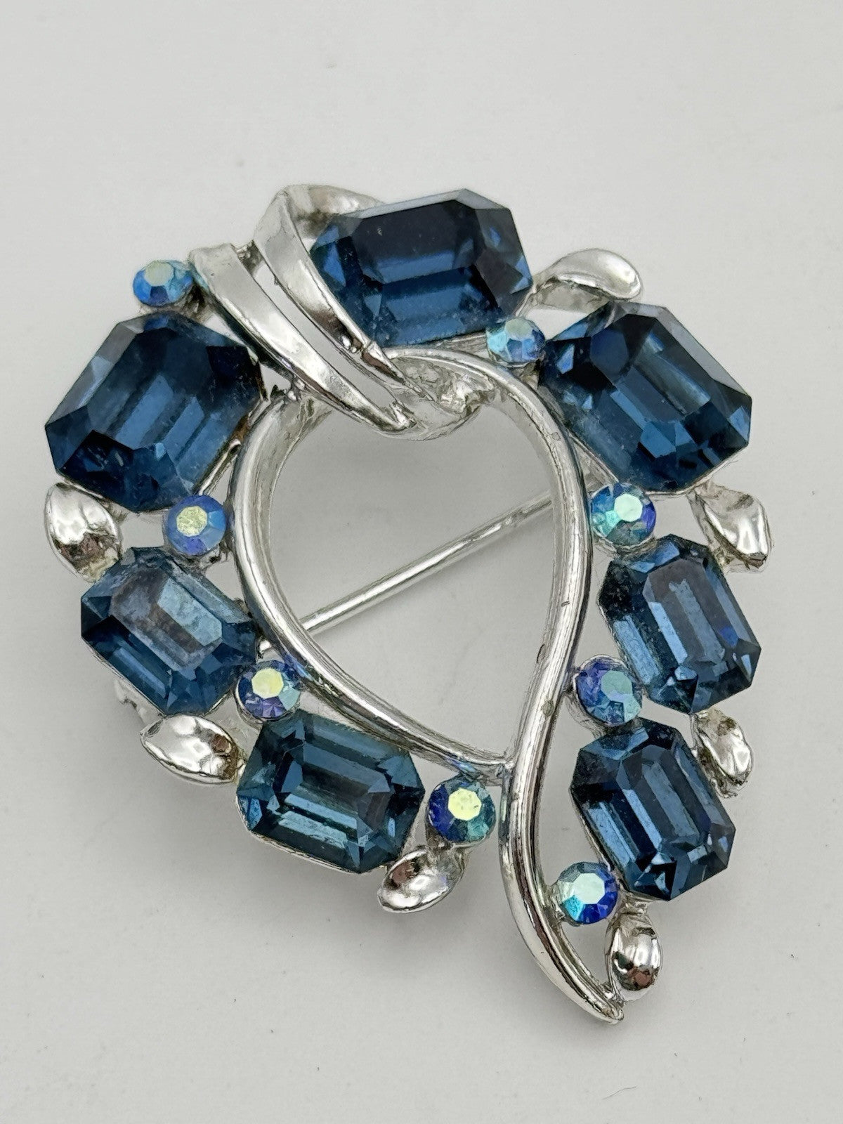 Vintage Blue Rhinestone Brooch Signed LISNER Silvertone ESTATE FIND