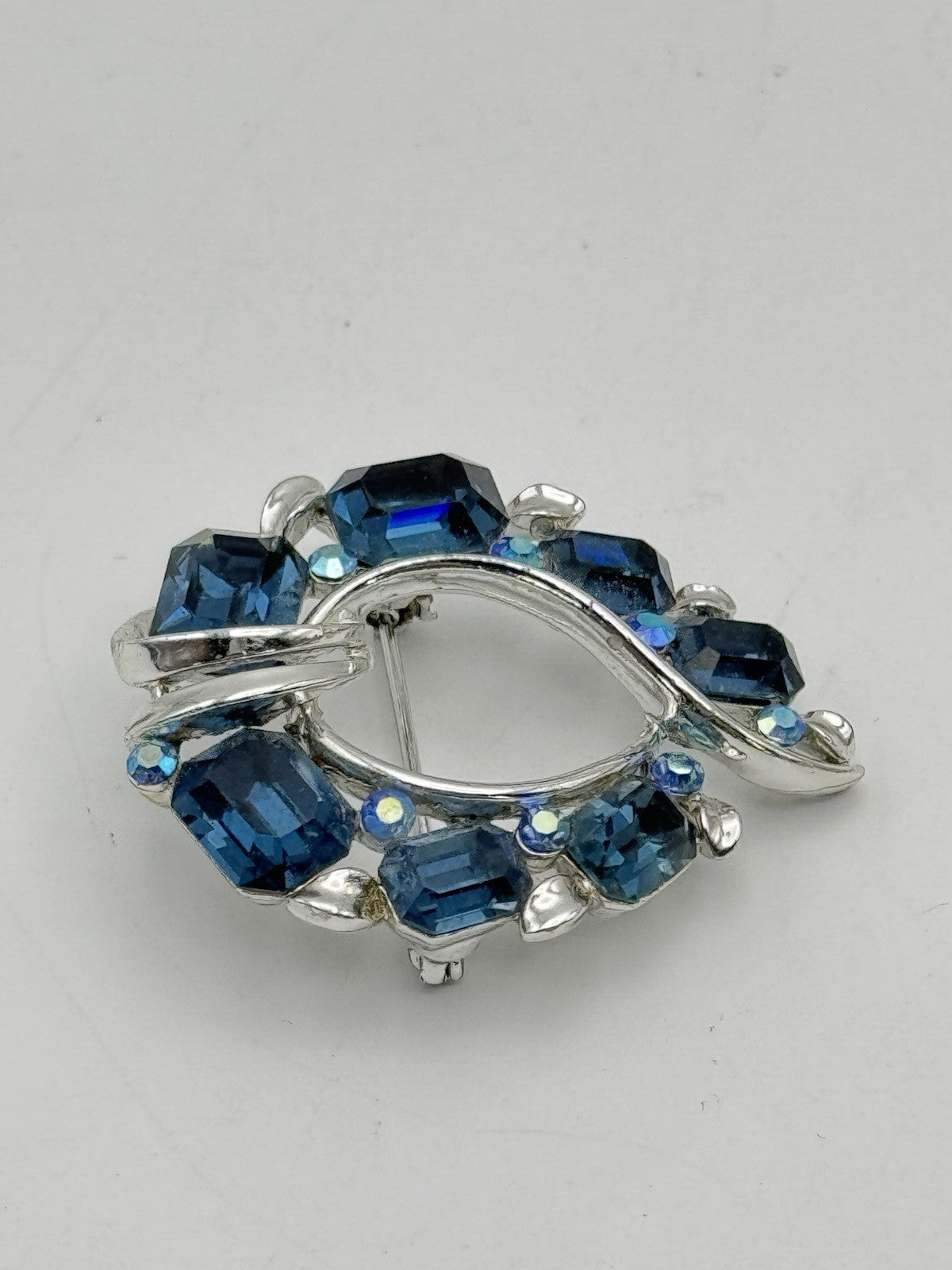 Vintage Blue Rhinestone Brooch Signed LISNER Silvertone ESTATE FIND