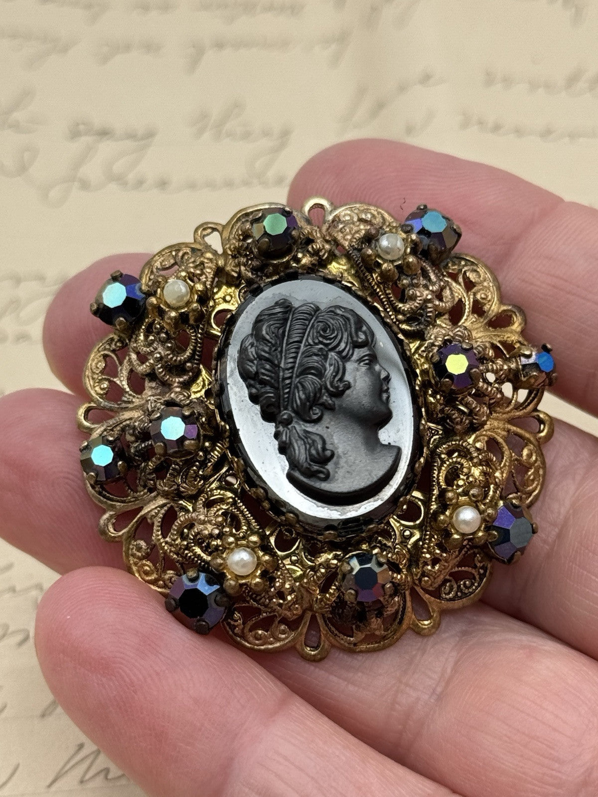 Vintage Hematite Black Cameo Brooch AB Accent Rhinestones SOLD AD IS‼️