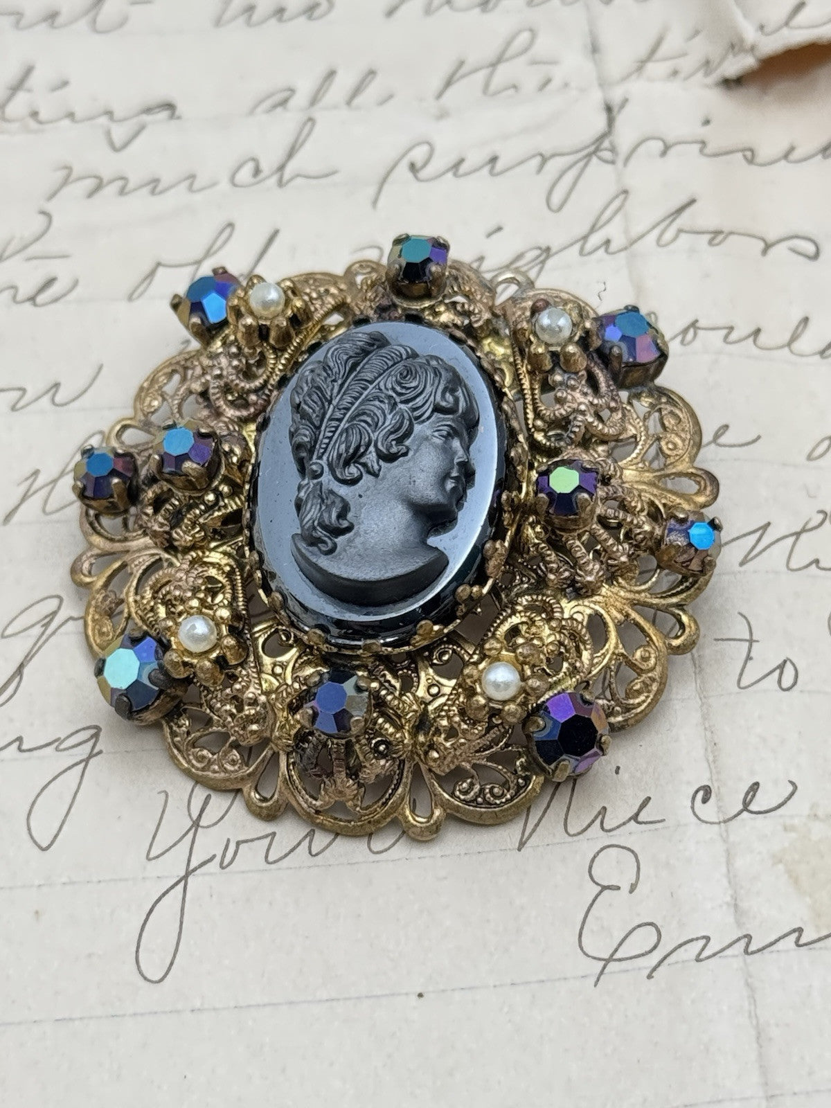 Vintage Hematite Black Cameo Brooch AB Accent Rhinestones SOLD AD IS‼️