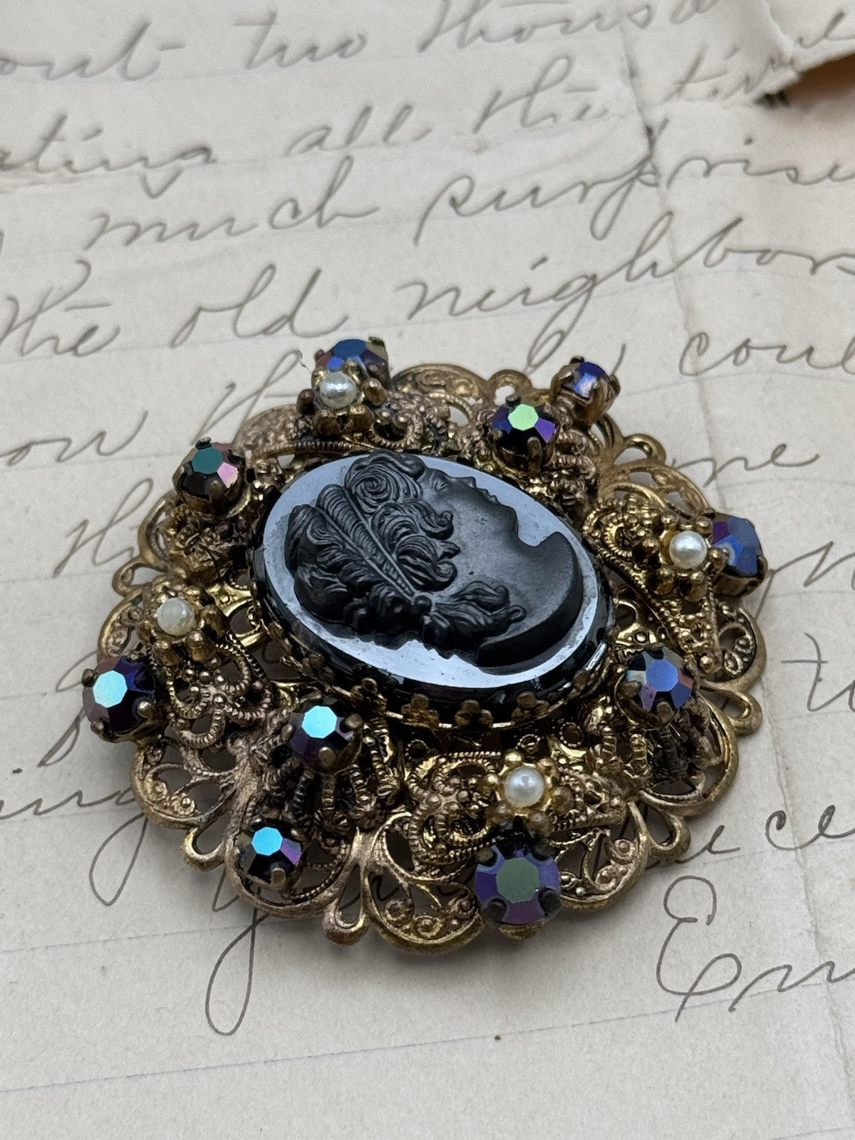 Vintage Hematite Black Cameo Brooch AB Accent Rhinestones SOLD AD IS‼️
