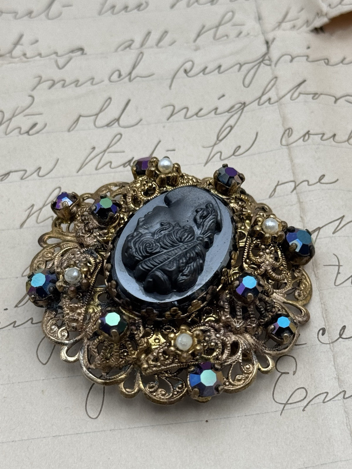 Vintage Hematite Black Cameo Brooch AB Accent Rhinestones SOLD AD IS‼️