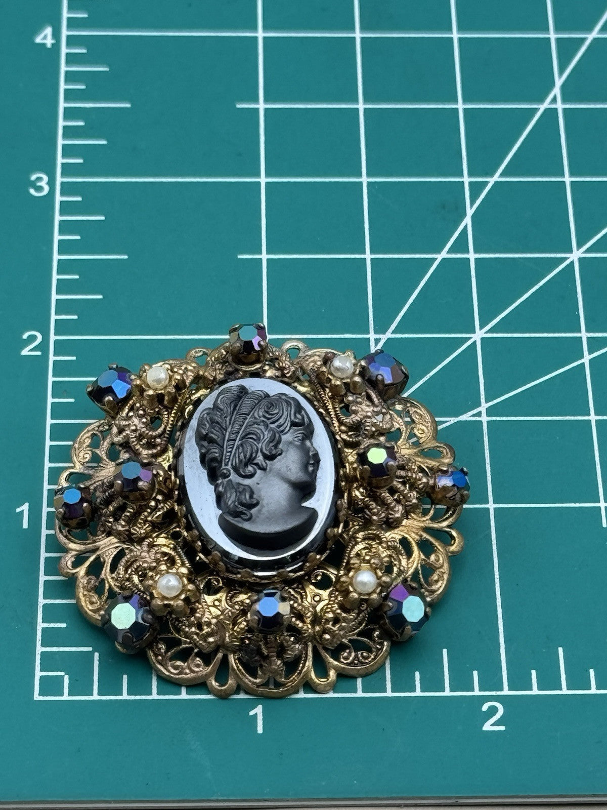Vintage Hematite Black Cameo Brooch AB Accent Rhinestones SOLD AD IS‼️