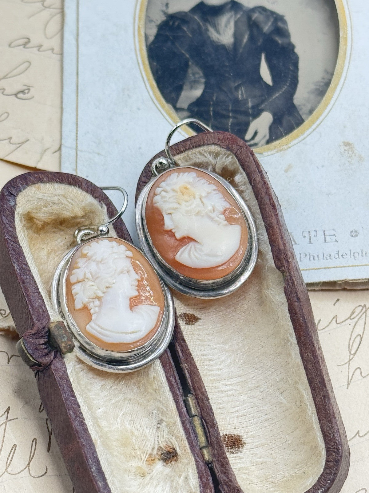 Vintage STERLING Bacchus Carved Cameo Earrings Replaced Hooks Silver Tone