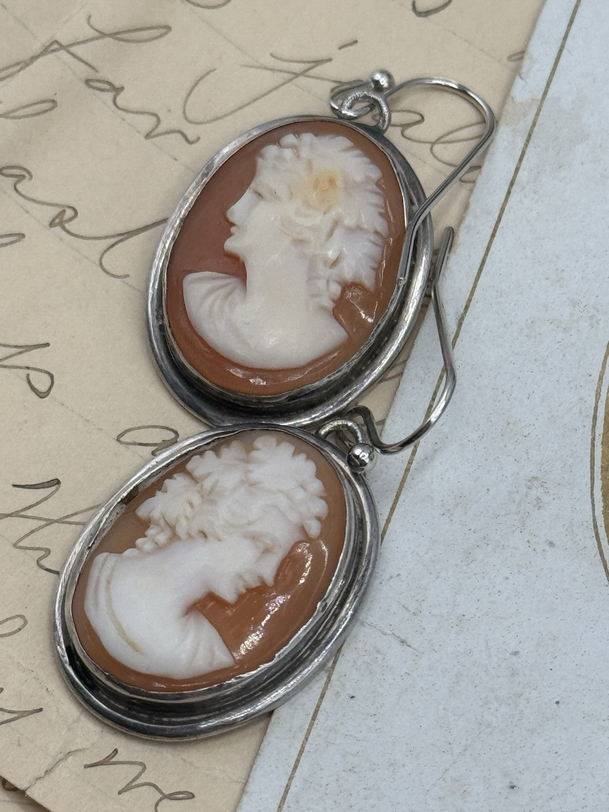 Vintage STERLING Bacchus Carved Cameo Earrings Replaced Hooks Silver Tone