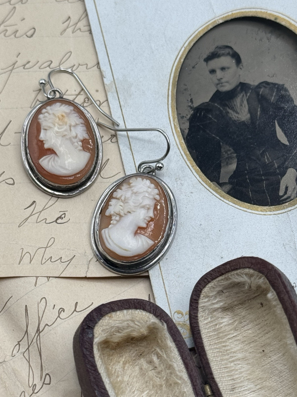 Vintage STERLING Bacchus Carved Cameo Earrings Replaced Hooks Silver Tone