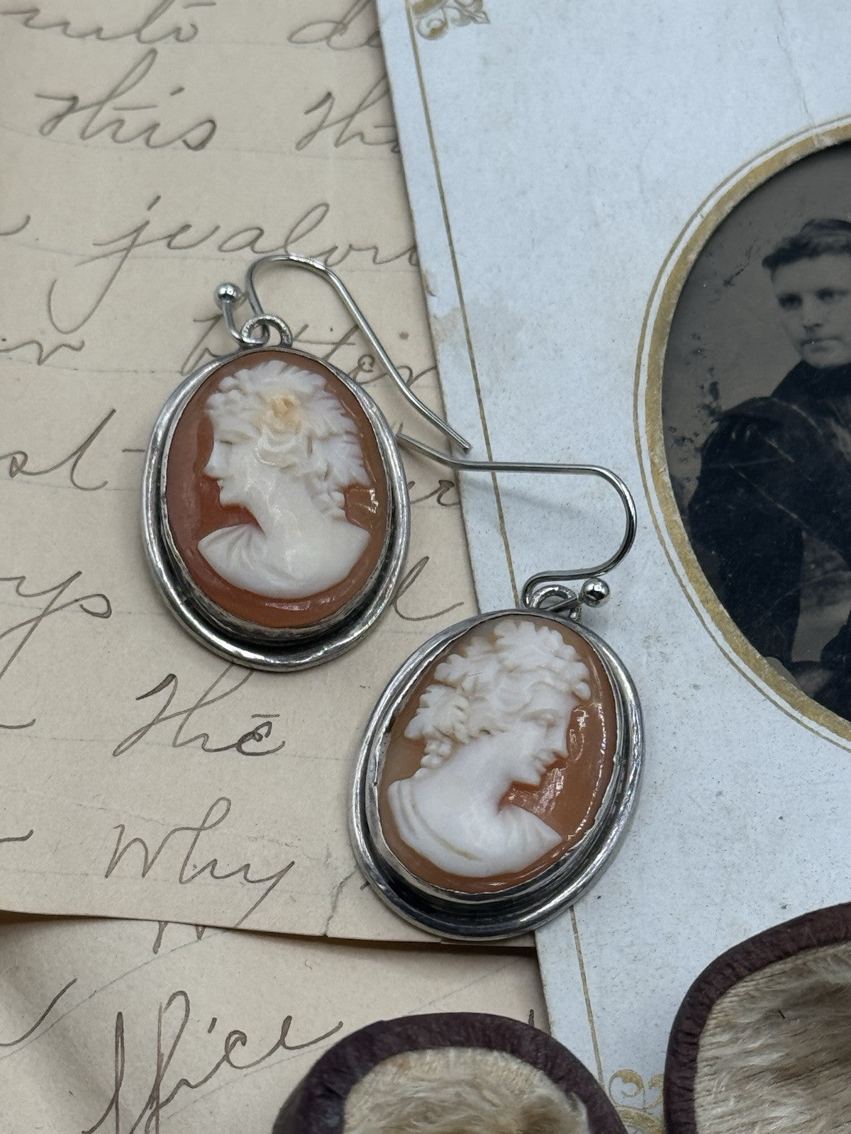 Vintage STERLING Bacchus Carved Cameo Earrings Replaced Hooks Silver Tone