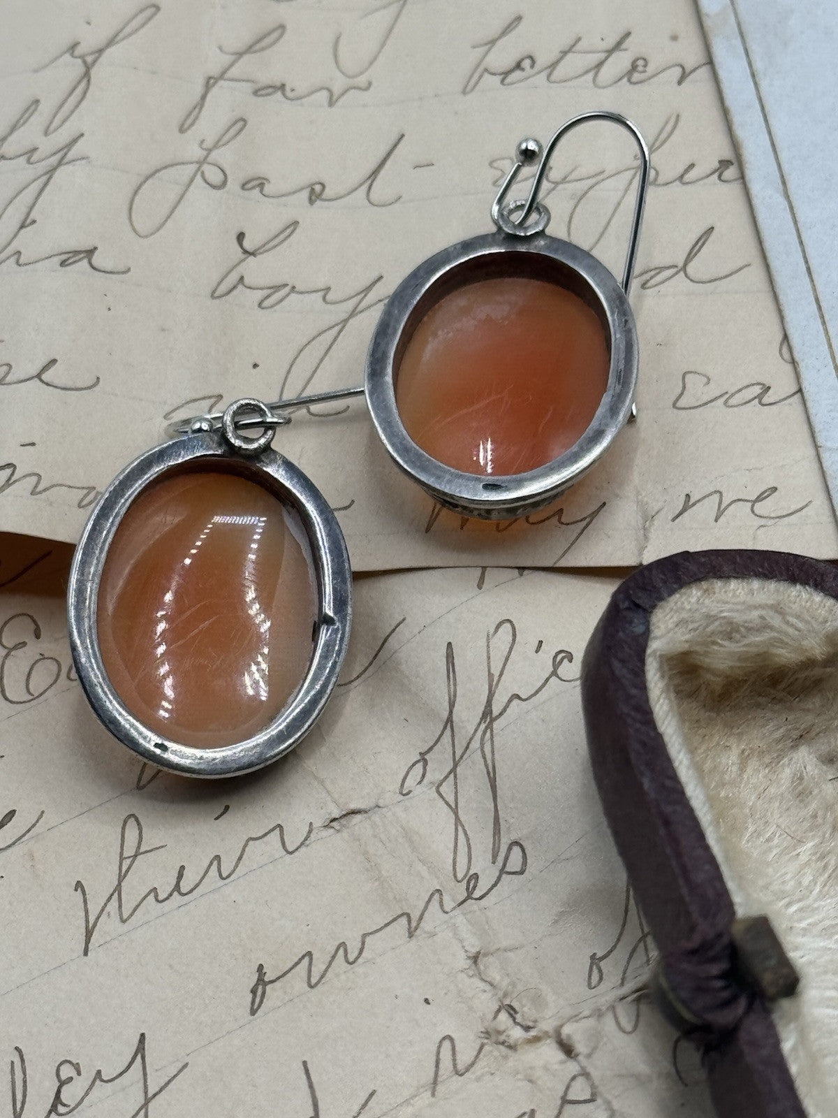 Vintage STERLING Bacchus Carved Cameo Earrings Replaced Hooks Silver Tone