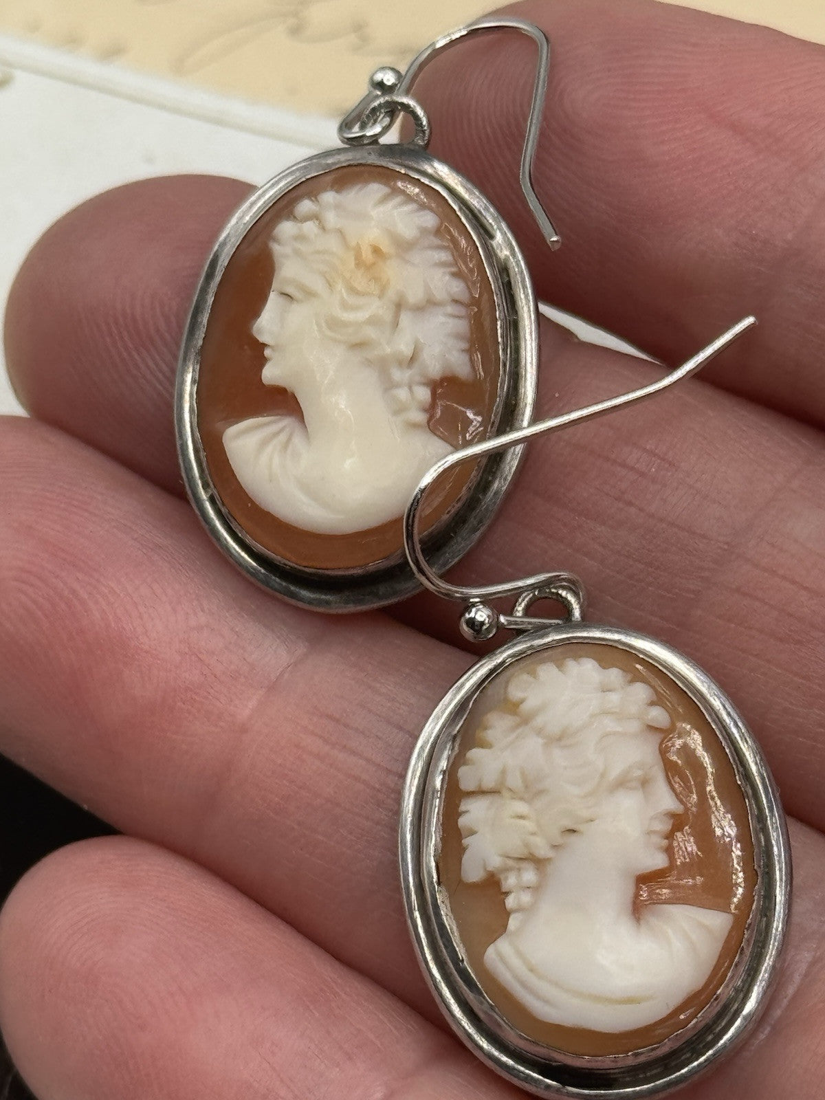 Vintage STERLING Bacchus Carved Cameo Earrings Replaced Hooks Silver Tone