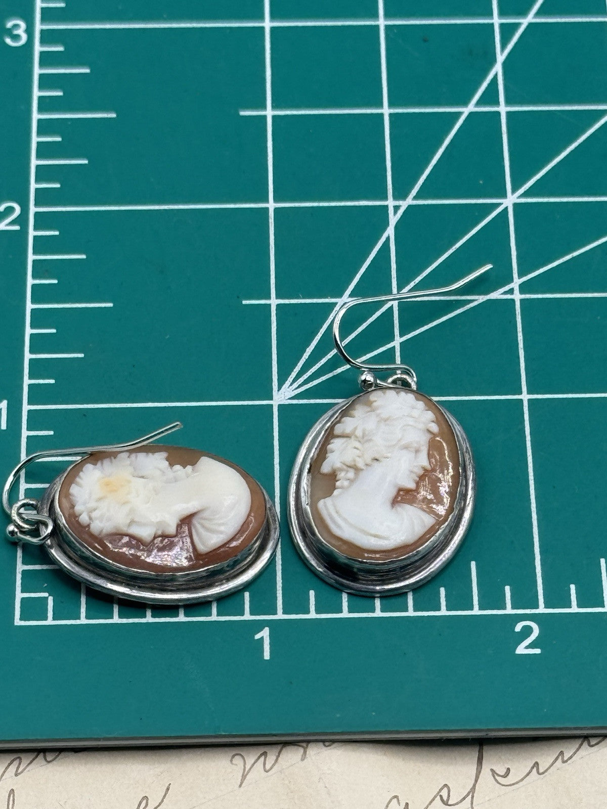Vintage STERLING Bacchus Carved Cameo Earrings Replaced Hooks Silver Tone