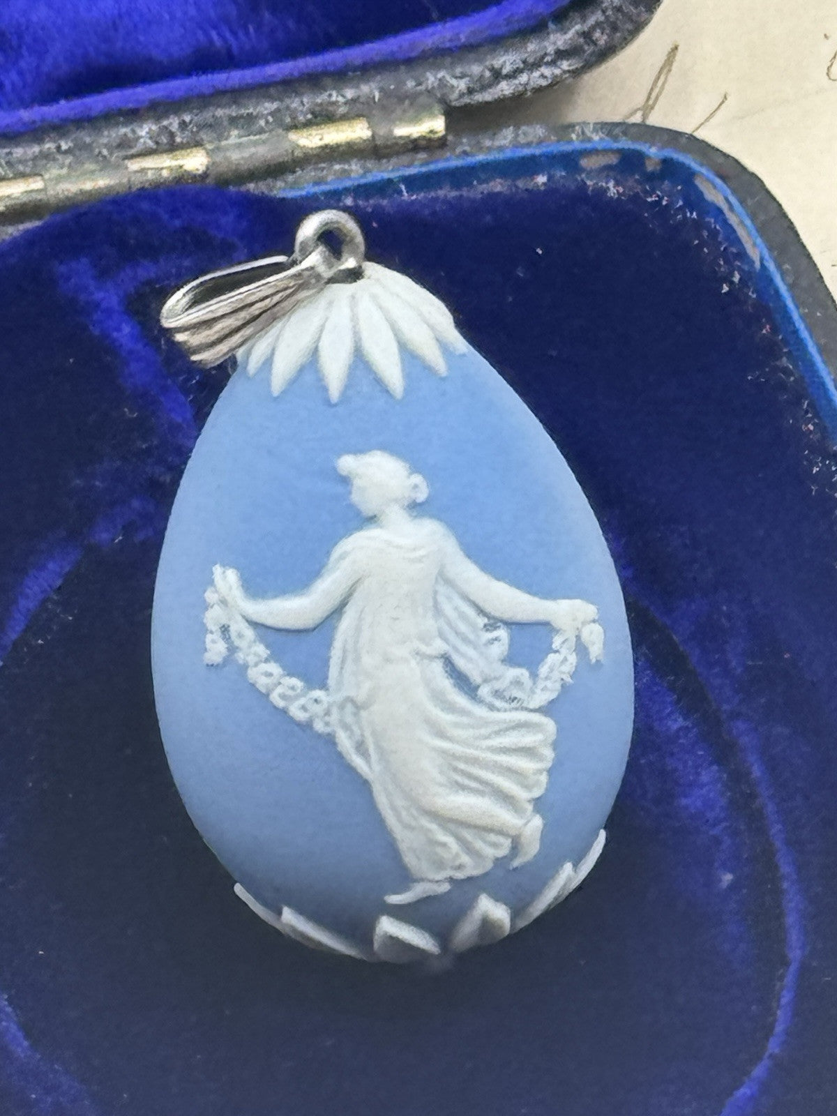 Vintage Wedgwood Jasperware EGG Pendant Blue Sterling Bail ESTATE FIND