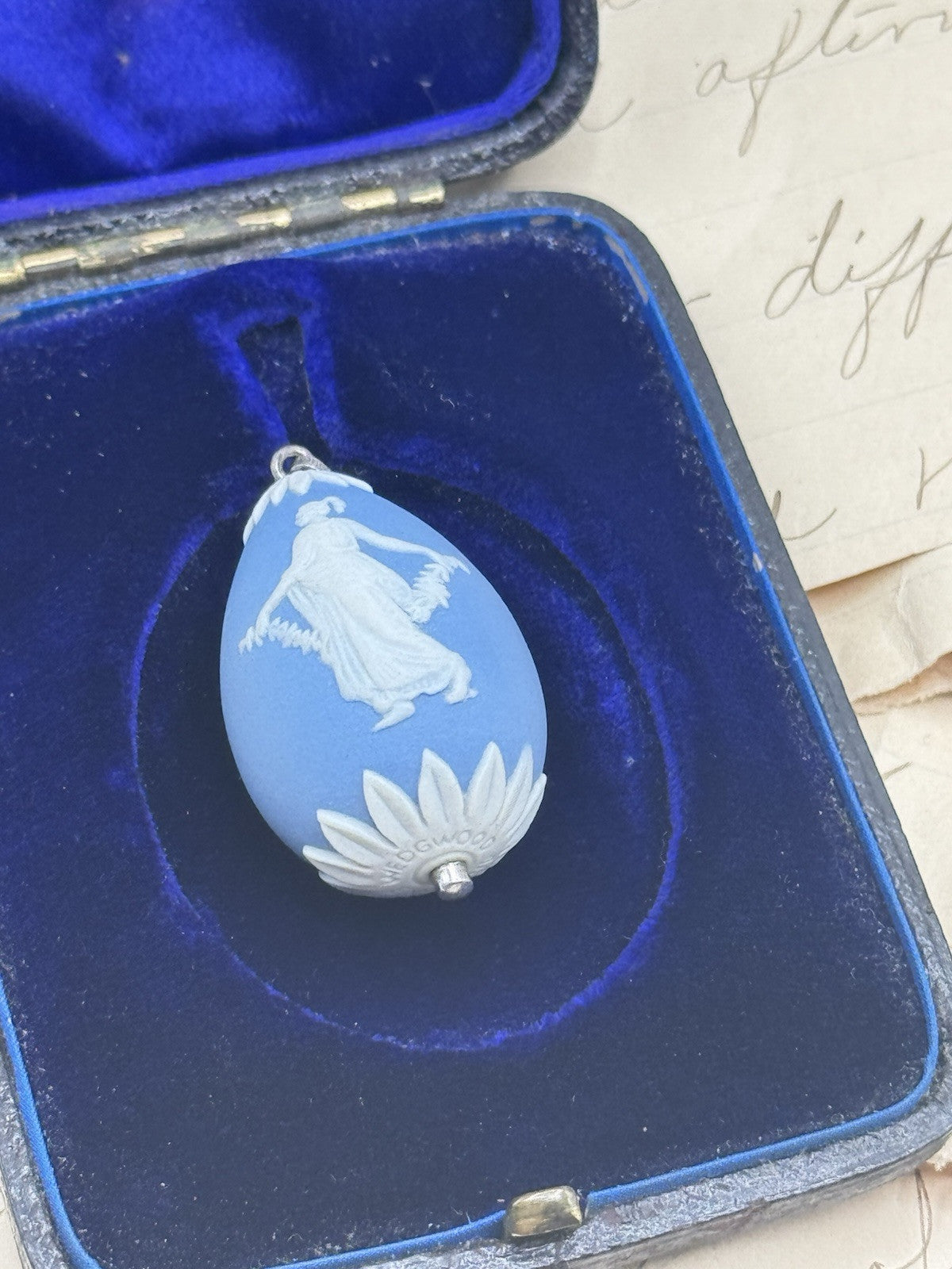Vintage Wedgwood Jasperware EGG Pendant Blue Sterling Bail ESTATE FIND