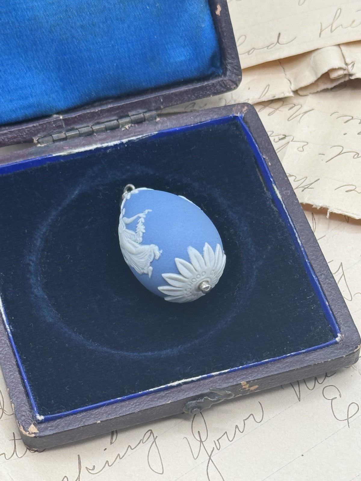 Vintage Wedgwood Jasperware EGG Pendant Blue Sterling Bail ESTATE FIND