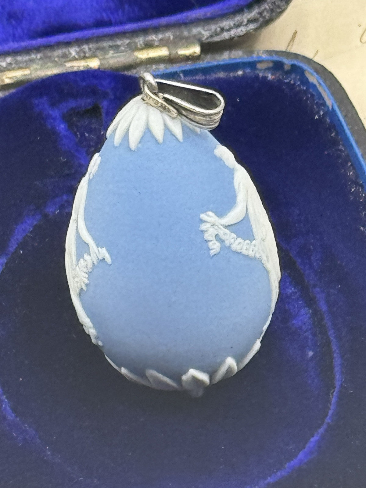 Vintage Wedgwood Jasperware EGG Pendant Blue Sterling Bail ESTATE FIND