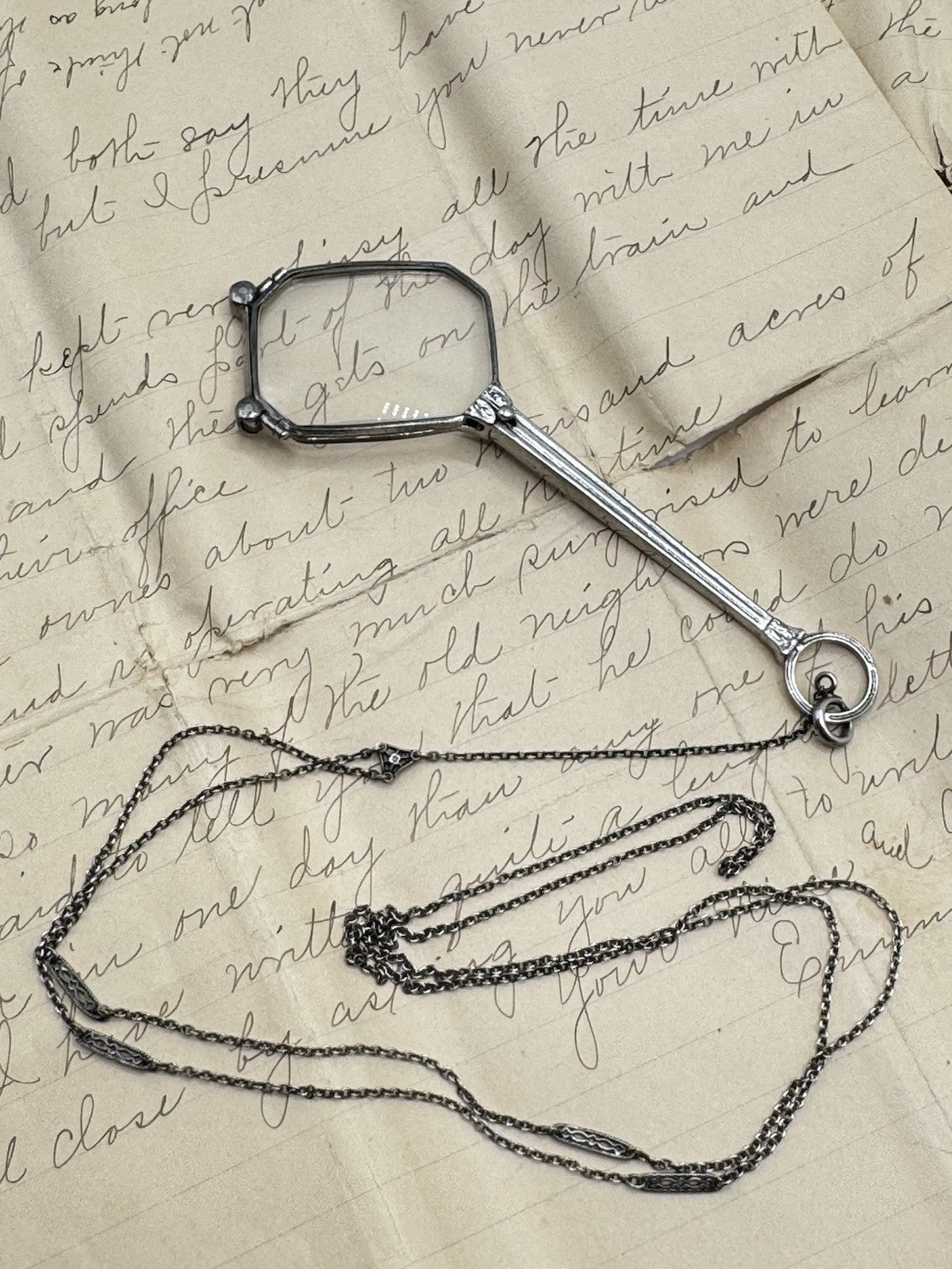 Antique Art Deco Style Sterling Lorgnette Chain Unmarked 30” + 2” Flips Open