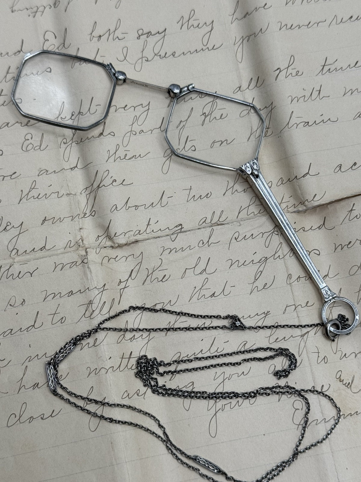 Antique Art Deco Style Sterling Lorgnette Chain Unmarked 30” + 2” Flips Open