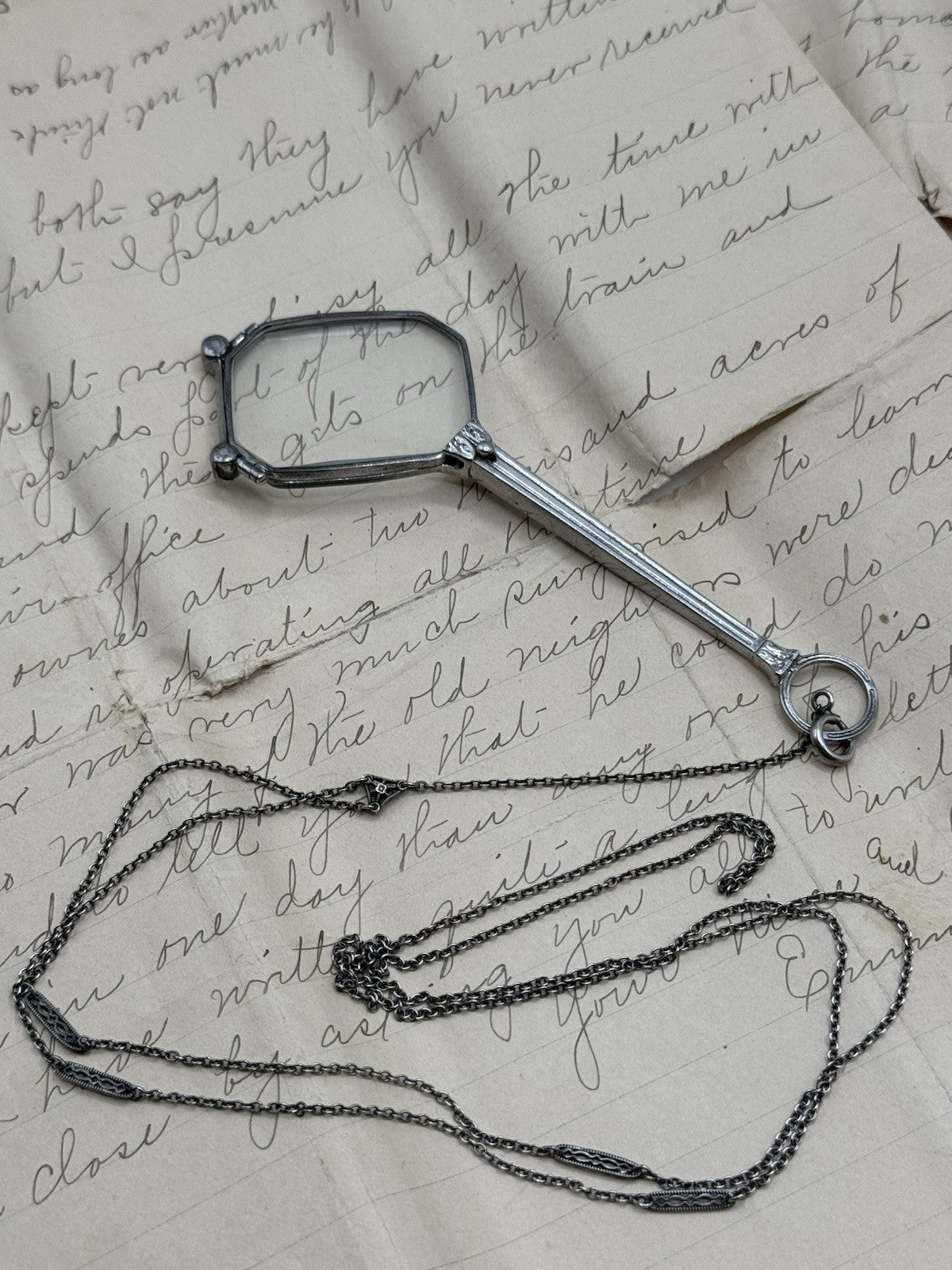 Antique Art Deco Style Sterling Lorgnette Chain Unmarked 30” + 2” Flips Open