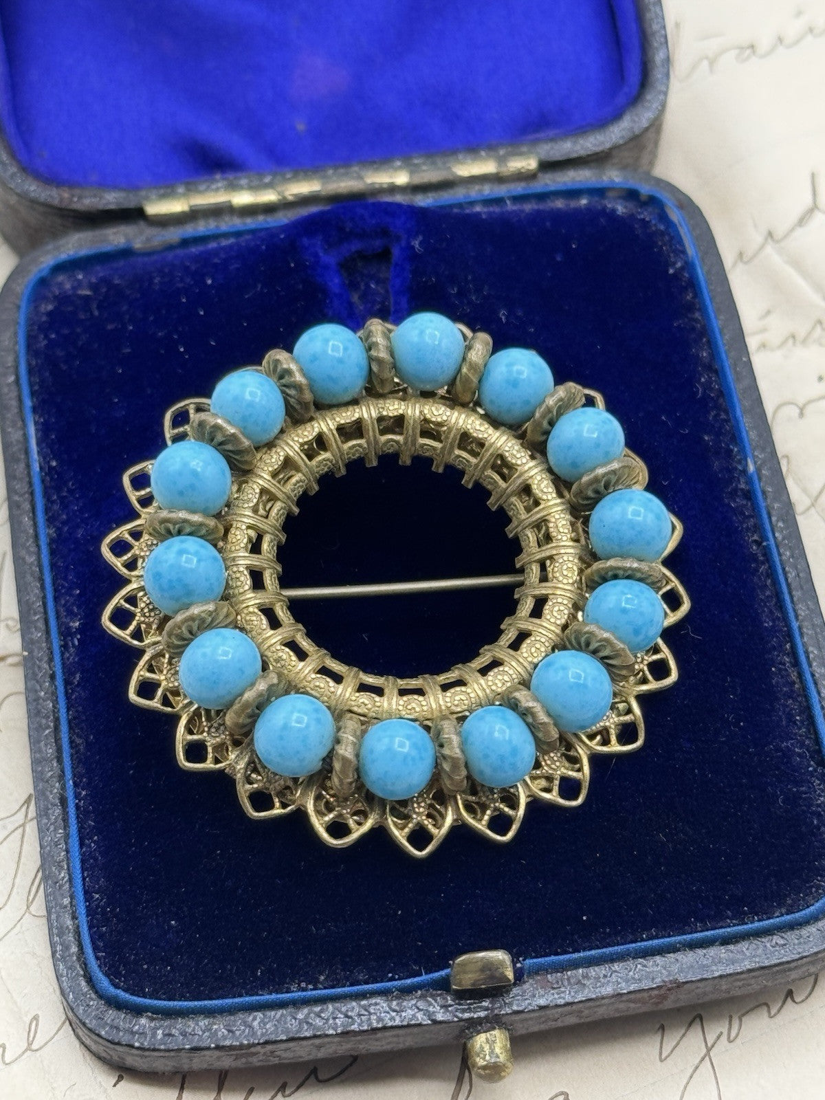 Vintage MIRIIAM HASKELL Signed Goldtone Blue Bead Brooch ESTATE FIND