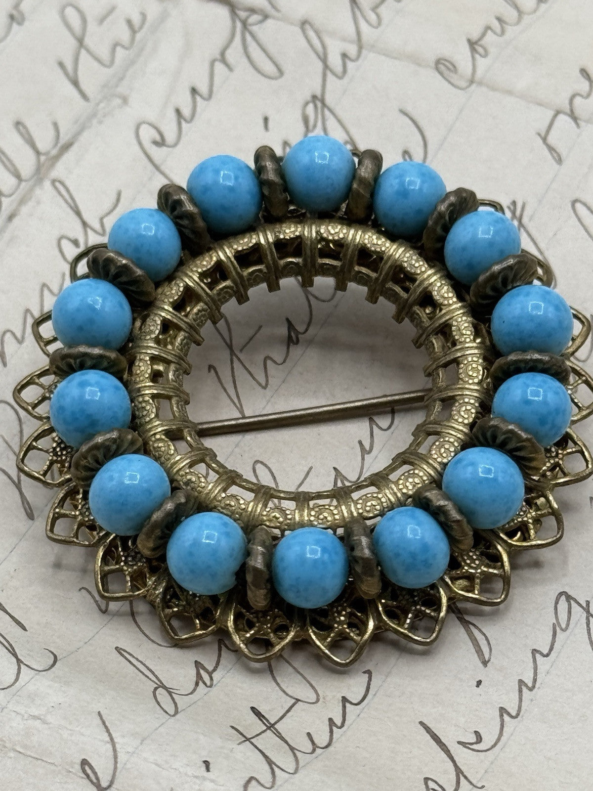 Vintage MIRIIAM HASKELL Signed Goldtone Blue Bead Brooch ESTATE FIND
