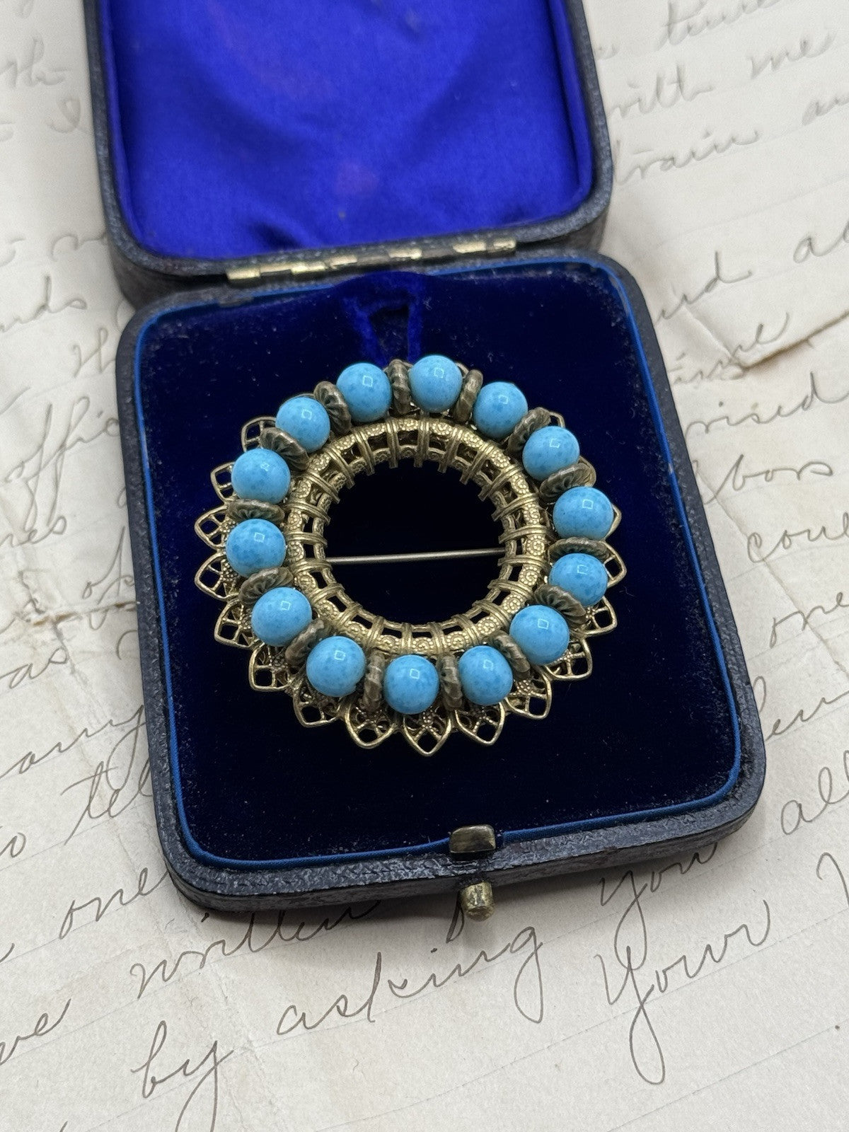 Vintage MIRIIAM HASKELL Signed Goldtone Blue Bead Brooch ESTATE FIND