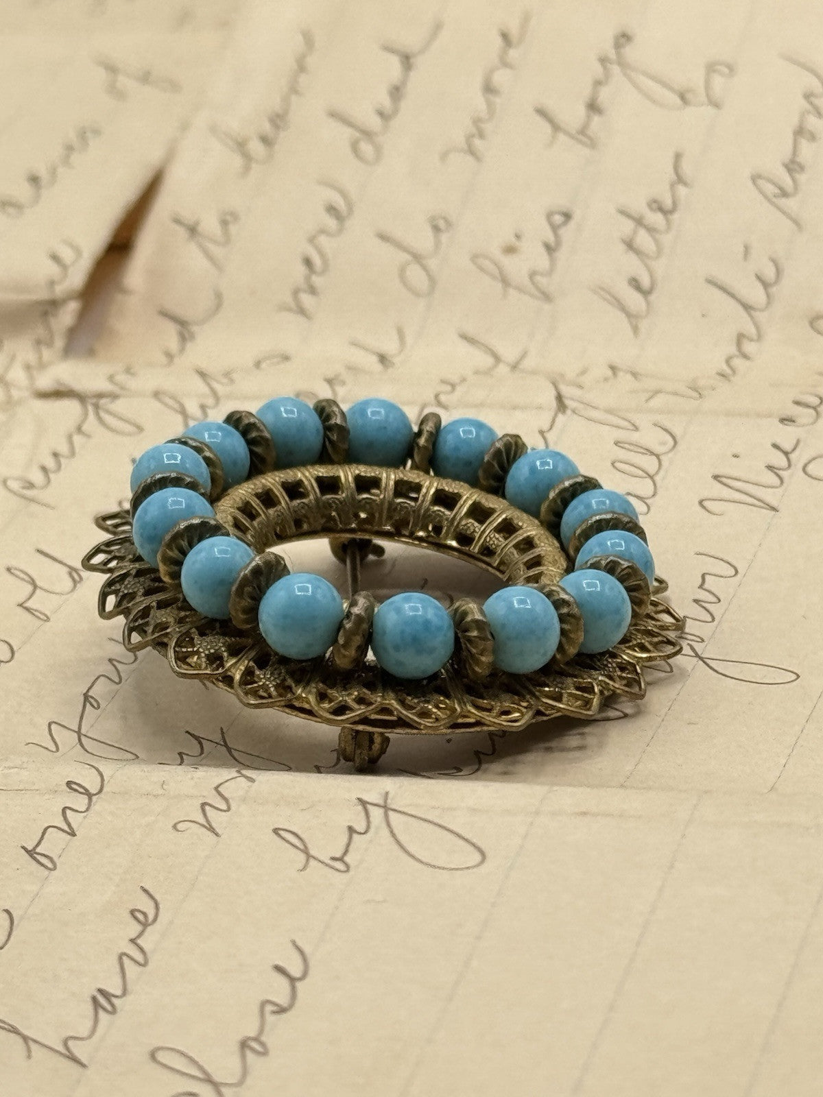 Vintage MIRIIAM HASKELL Signed Goldtone Blue Bead Brooch ESTATE FIND
