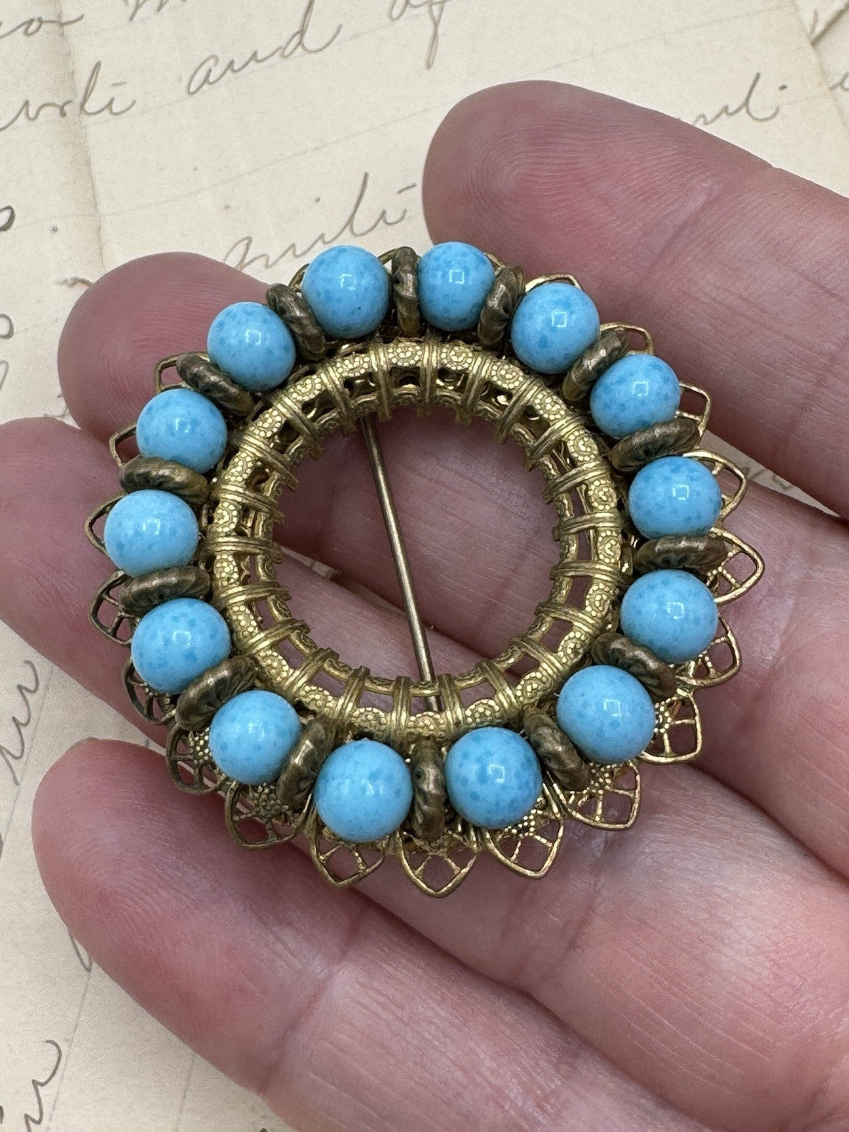 Vintage MIRIIAM HASKELL Signed Goldtone Blue Bead Brooch ESTATE FIND