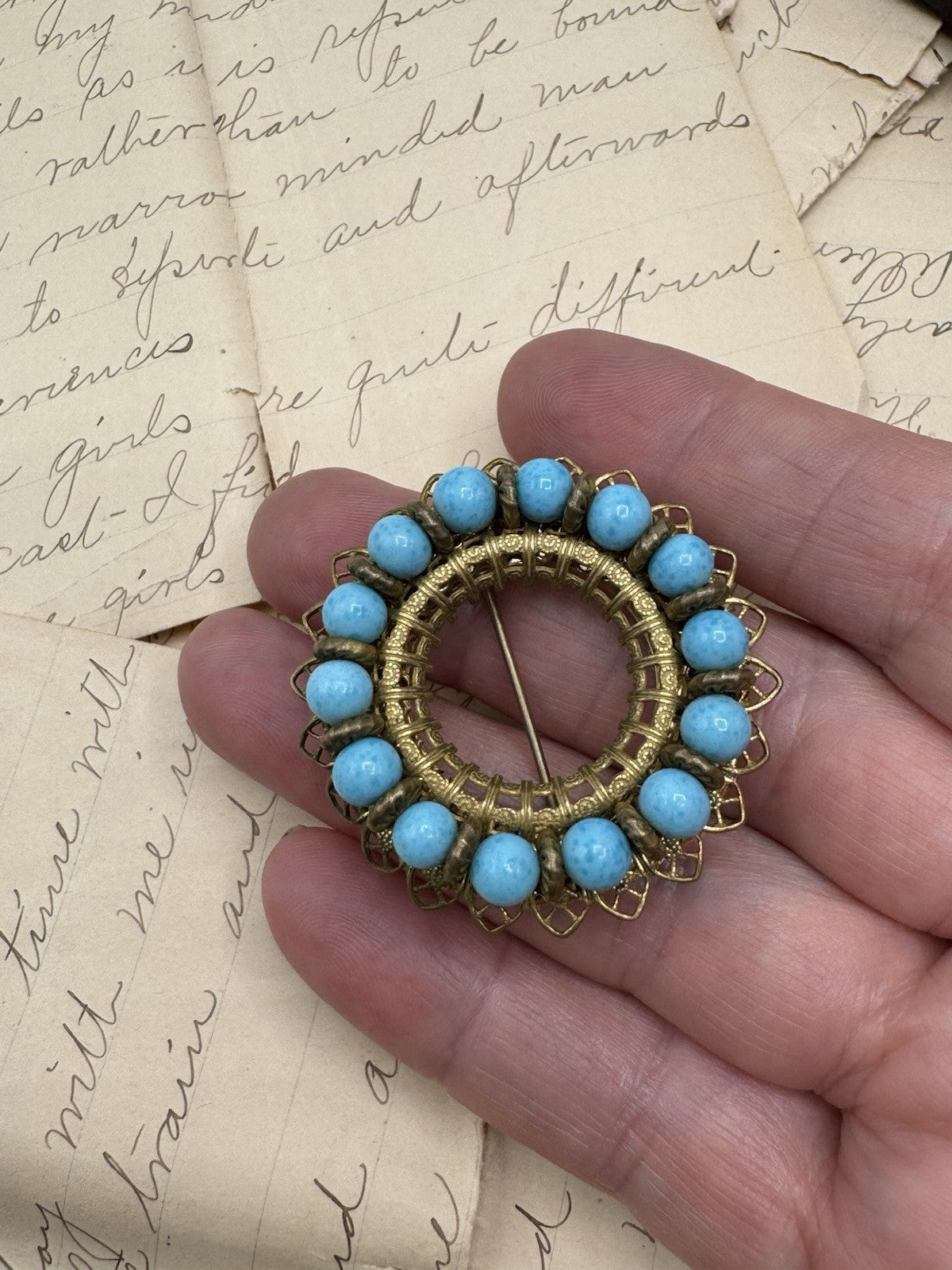 Vintage MIRIIAM HASKELL Signed Goldtone Blue Bead Brooch ESTATE FIND