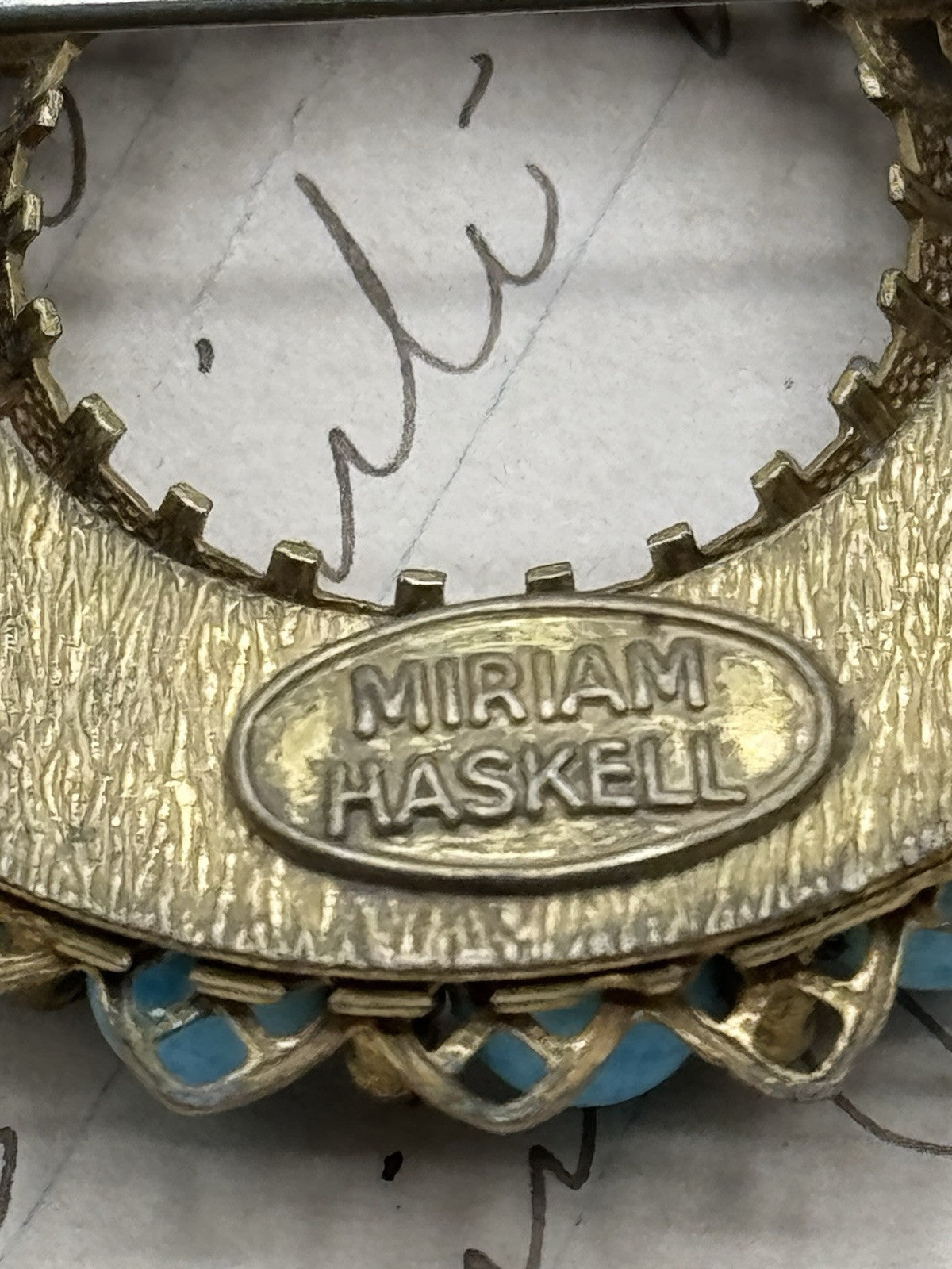 Vintage MIRIIAM HASKELL Signed Goldtone Blue Bead Brooch ESTATE FIND
