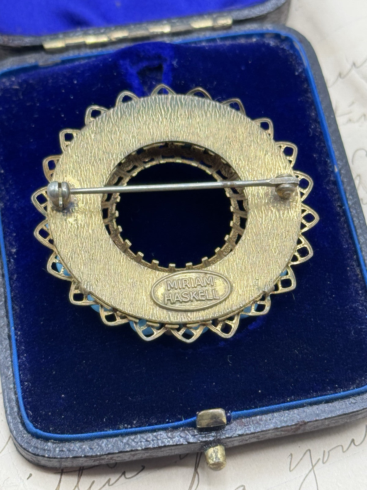 Vintage MIRIIAM HASKELL Signed Goldtone Blue Bead Brooch ESTATE FIND