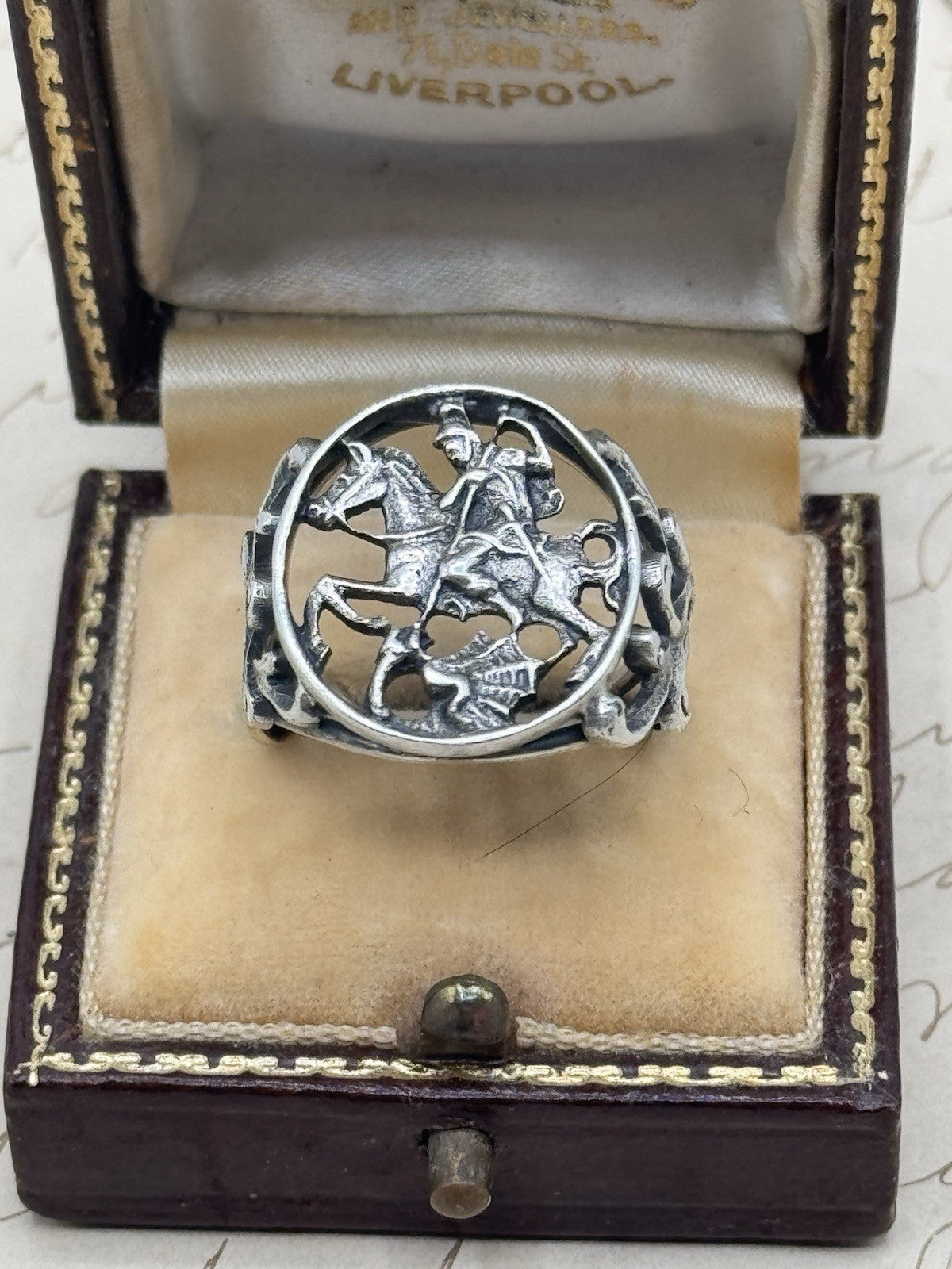 Antique 800 Silver SAINT GEORGE the Dragon Slayer Ring Exquisite Filigree 5.75