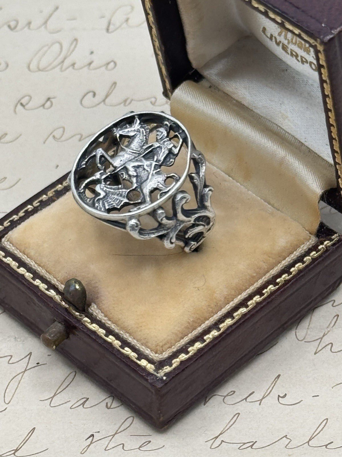 Antique 800 Silver SAINT GEORGE the Dragon Slayer Ring Exquisite Filigree 5.75