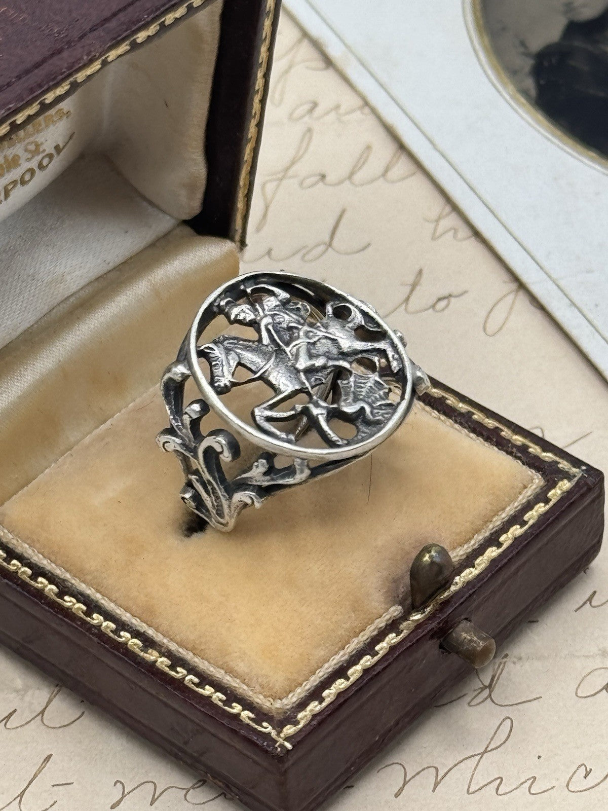 Antique 800 Silver SAINT GEORGE the Dragon Slayer Ring Exquisite Filigree 5.75