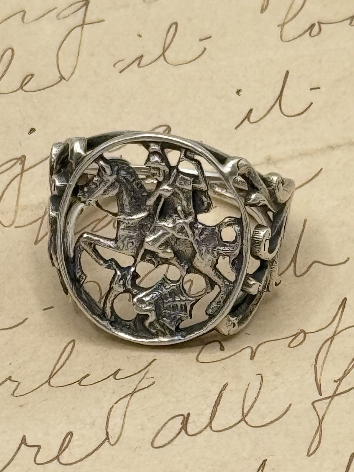 Antique 800 Silver SAINT GEORGE the Dragon Slayer Ring Exquisite Filigree 5.75