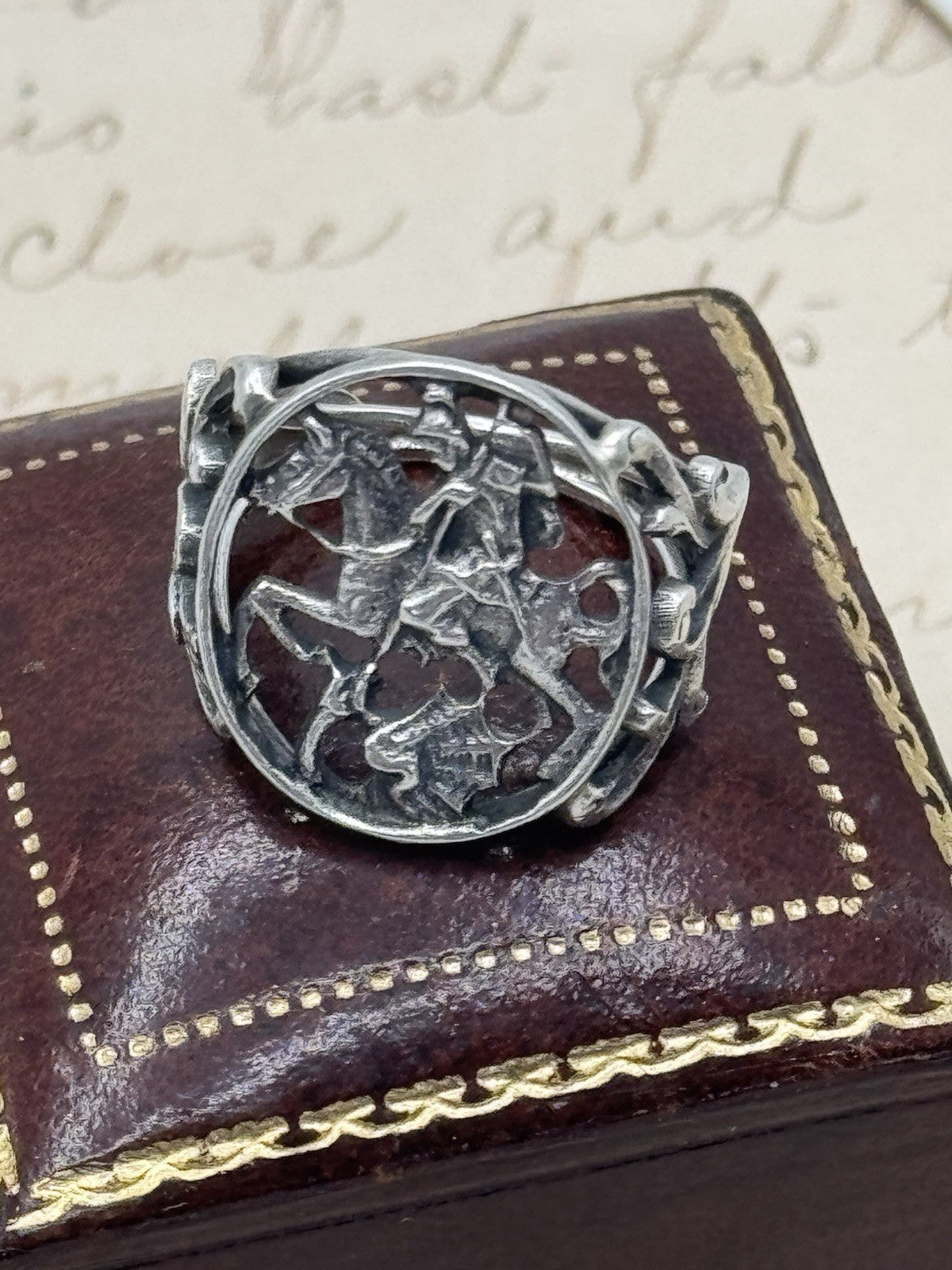 Antique 800 Silver SAINT GEORGE the Dragon Slayer Ring Exquisite Filigree 5.75