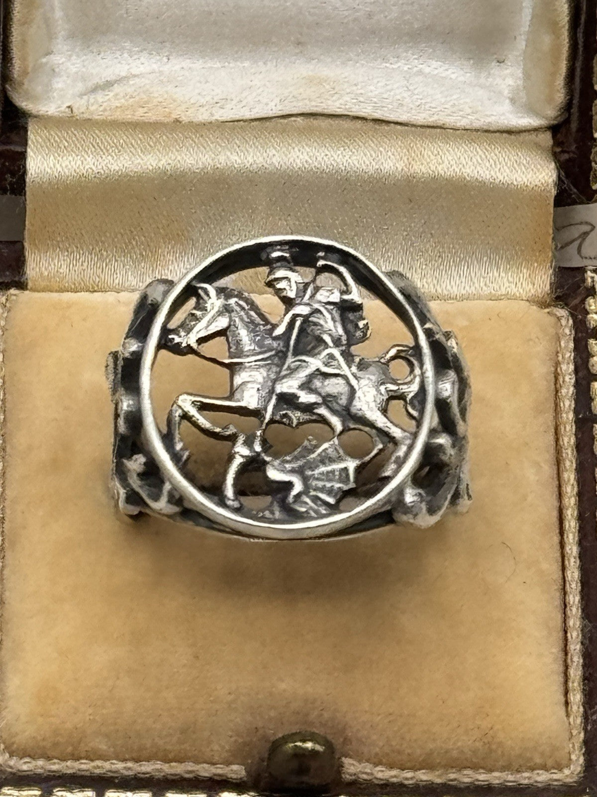 Antique 800 Silver SAINT GEORGE the Dragon Slayer Ring Exquisite Filigree 5.75