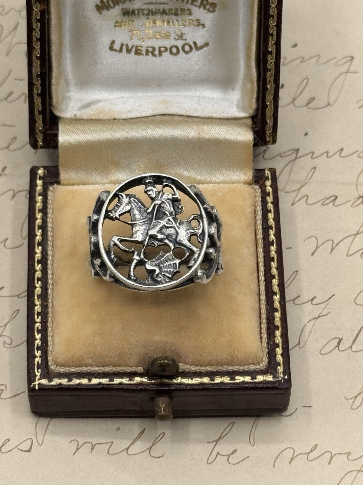 Antique 800 Silver SAINT GEORGE the Dragon Slayer Ring Exquisite Filigree 5.75