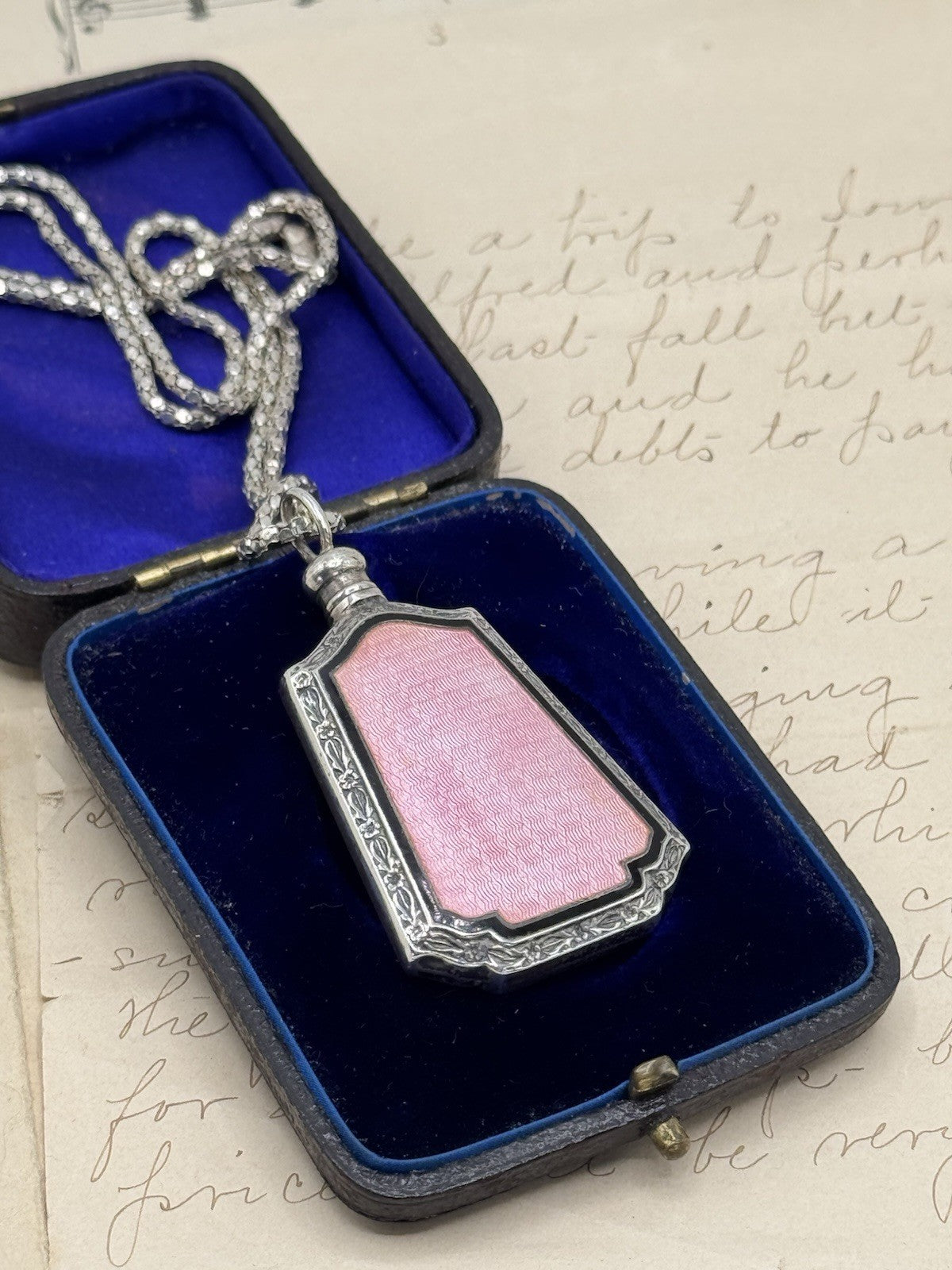 Antique ART DECO Sterling Silver PINK Guilloche Perfume Bottle Pendant Necklace
