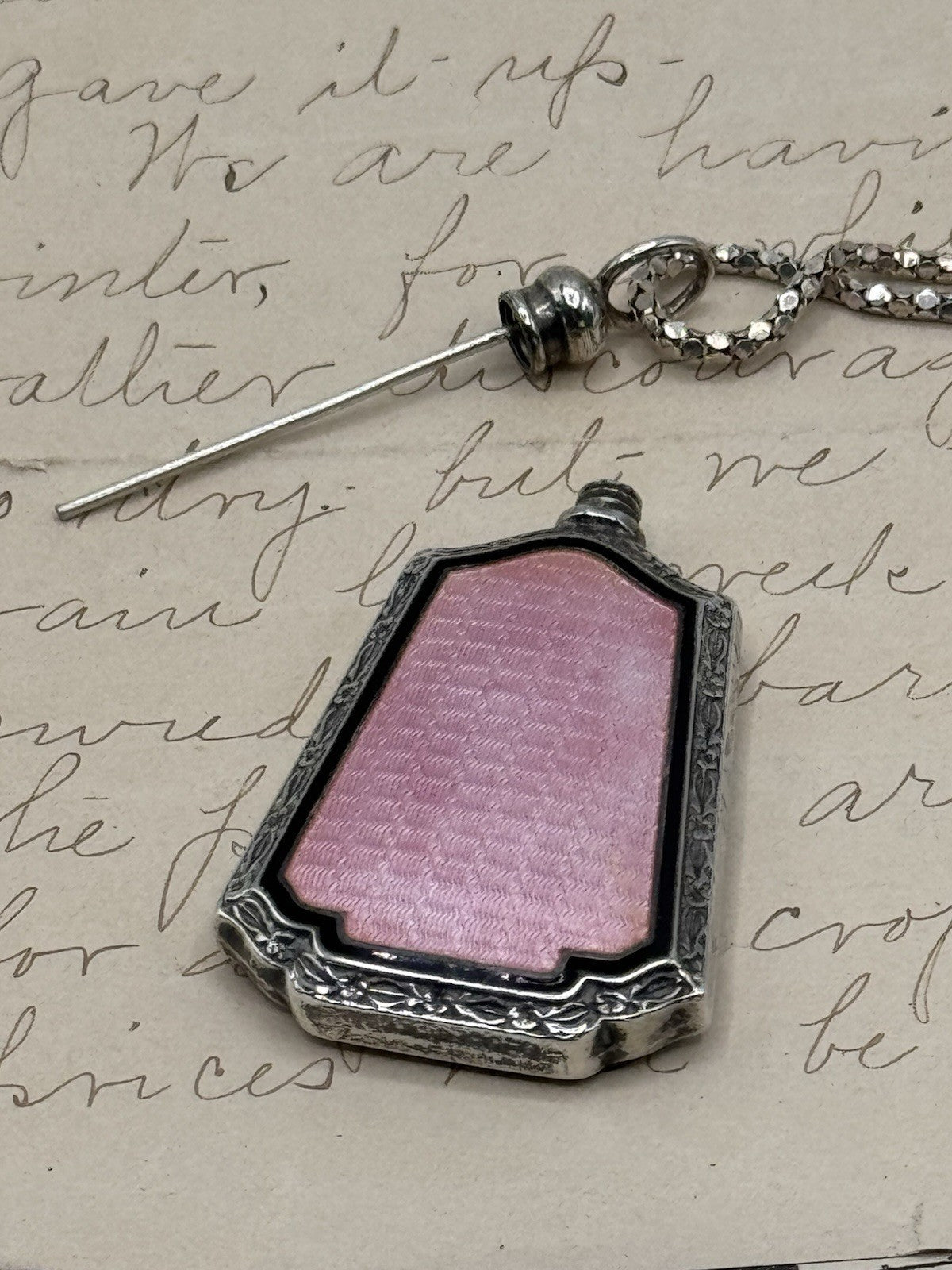 Antique ART DECO Sterling Silver PINK Guilloche Perfume Bottle Pendant Necklace