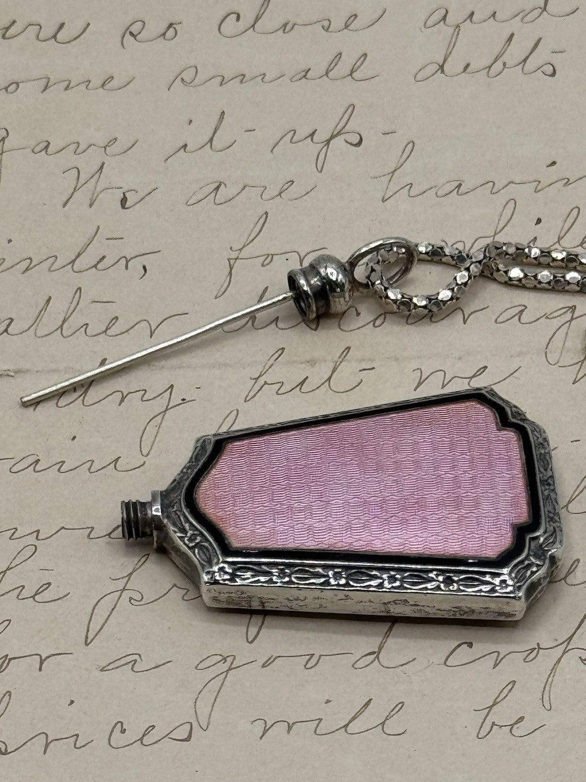 Antique ART DECO Sterling Silver PINK Guilloche Perfume Bottle Pendant Necklace